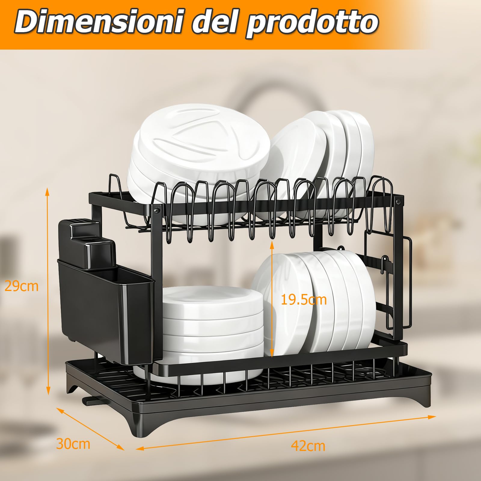 Scolapiatti da Appoggio a 2 Livelli, Scolapiatti per Piatti Nero, Scolapiatti da Lavello da Cucina in Acciaio Inossidabile con Vassoio di Drenaggio, Portabicchieri e Portautensili