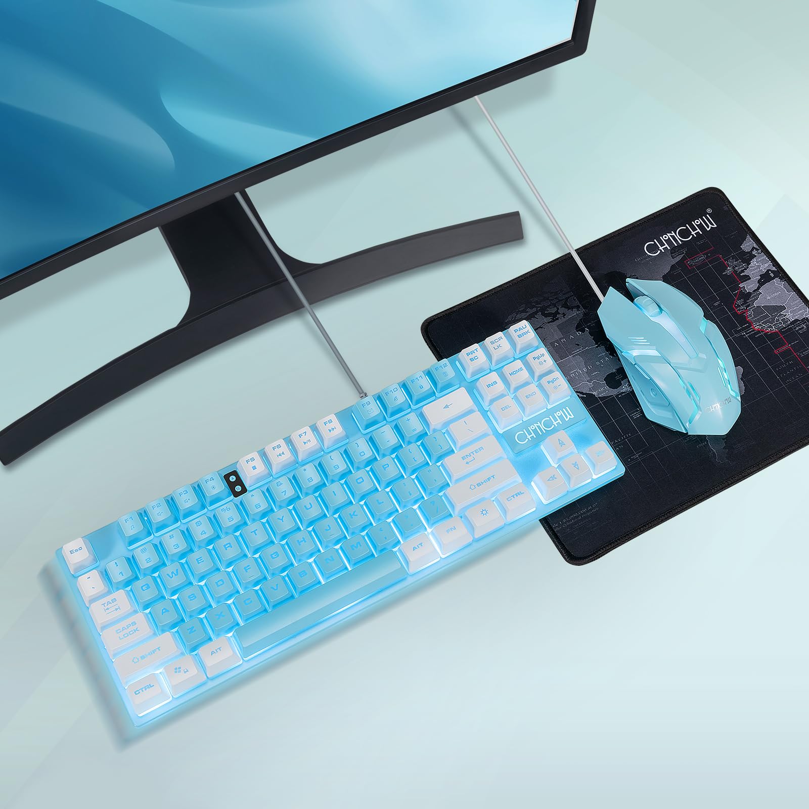 Teclado y mouse azules, 87 teclas TKL USB con cable LED retroiluminado | Ratón RGB de 800-3200 DPI, combo de mouse y teclado azul para PS4, PS5, PC, laptop, Mac