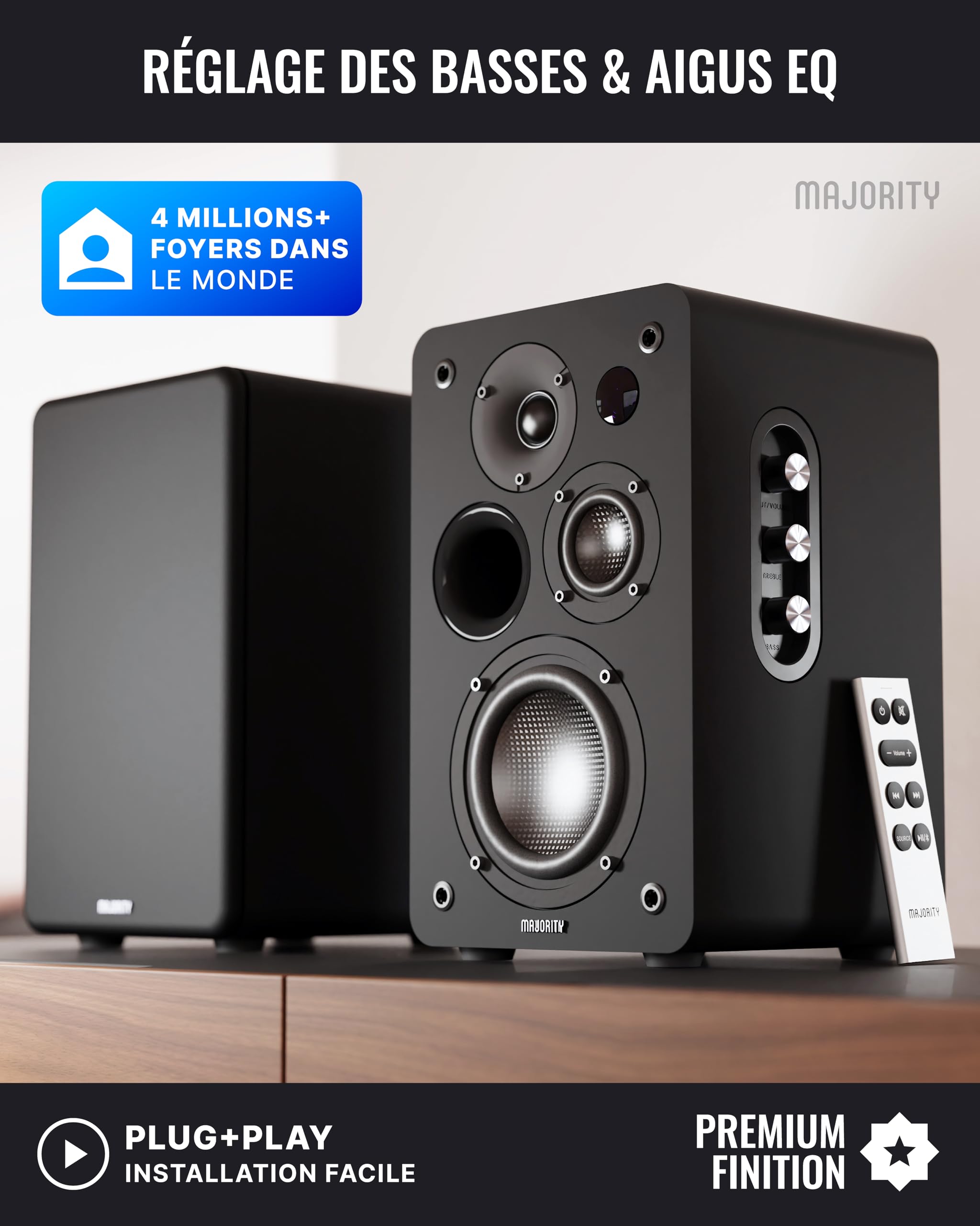 Majority D100X Enceintes Bibliotheques Active | Enceinte HiFi Système Stéréo 2.0 | 100W | Bluetooth 5.3 | HDMI Arc, Phono, RCA & AUX | TV, PC & Platine Vinyle (Noir)