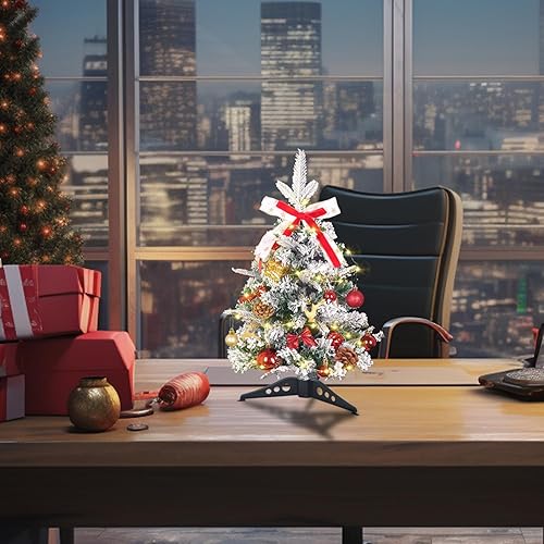 Miniatura 6 de Árbol de Navidad pequeño con luces  Mini árbol de Navidad con luces, árbol de Navidad flocado pequeño, árbol de Navidad blanco decorado, viene con