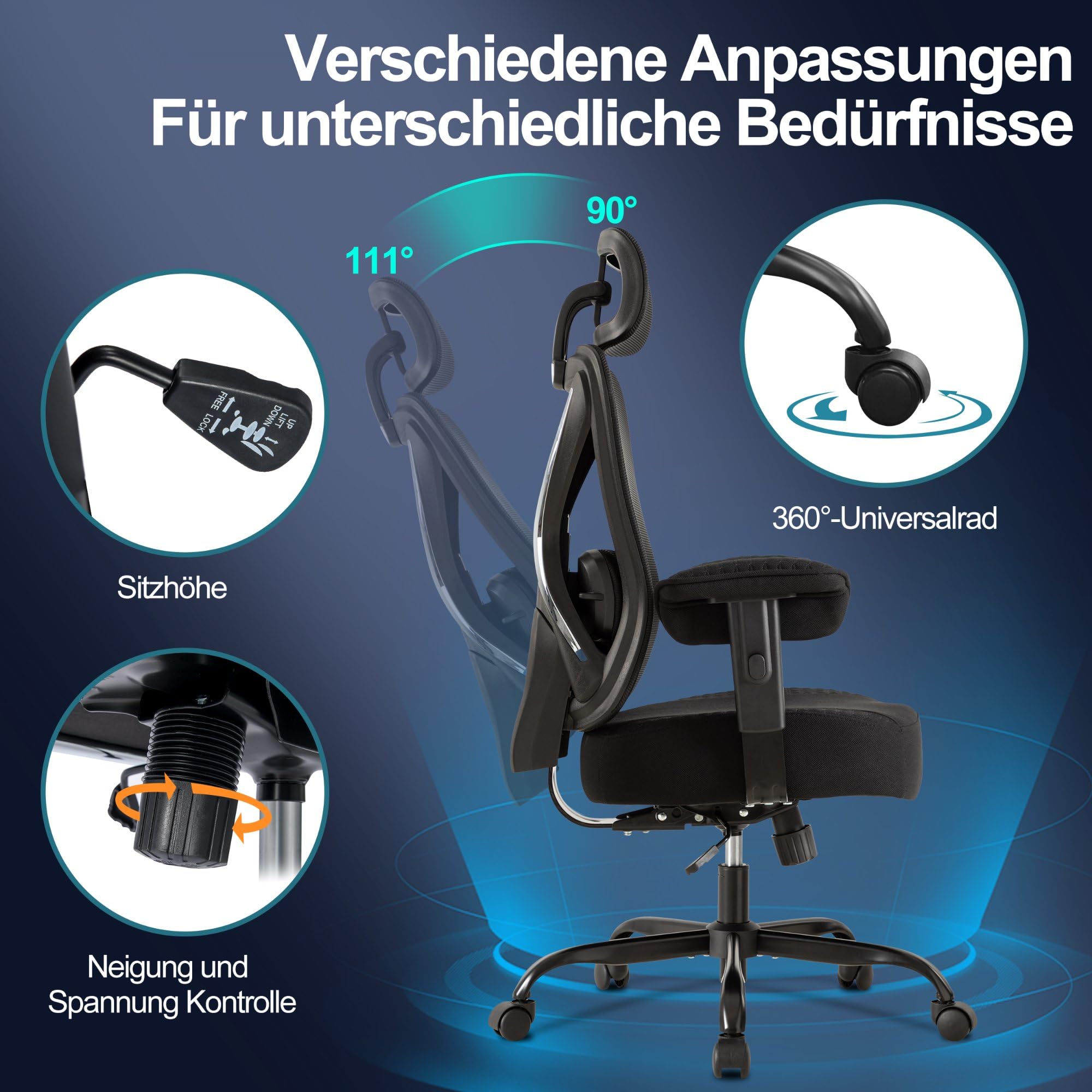 UEV Ergonomischer Bürostuhl 220kg mit Kopfstütze, Schreibtischstuhl Schwarz | Verstellbare Lendenwirbelstütze/Armlehnen, atmungsaktiv Netzbespannung, 13,5CM verdicke Sitzkissen,Home Office Chair
