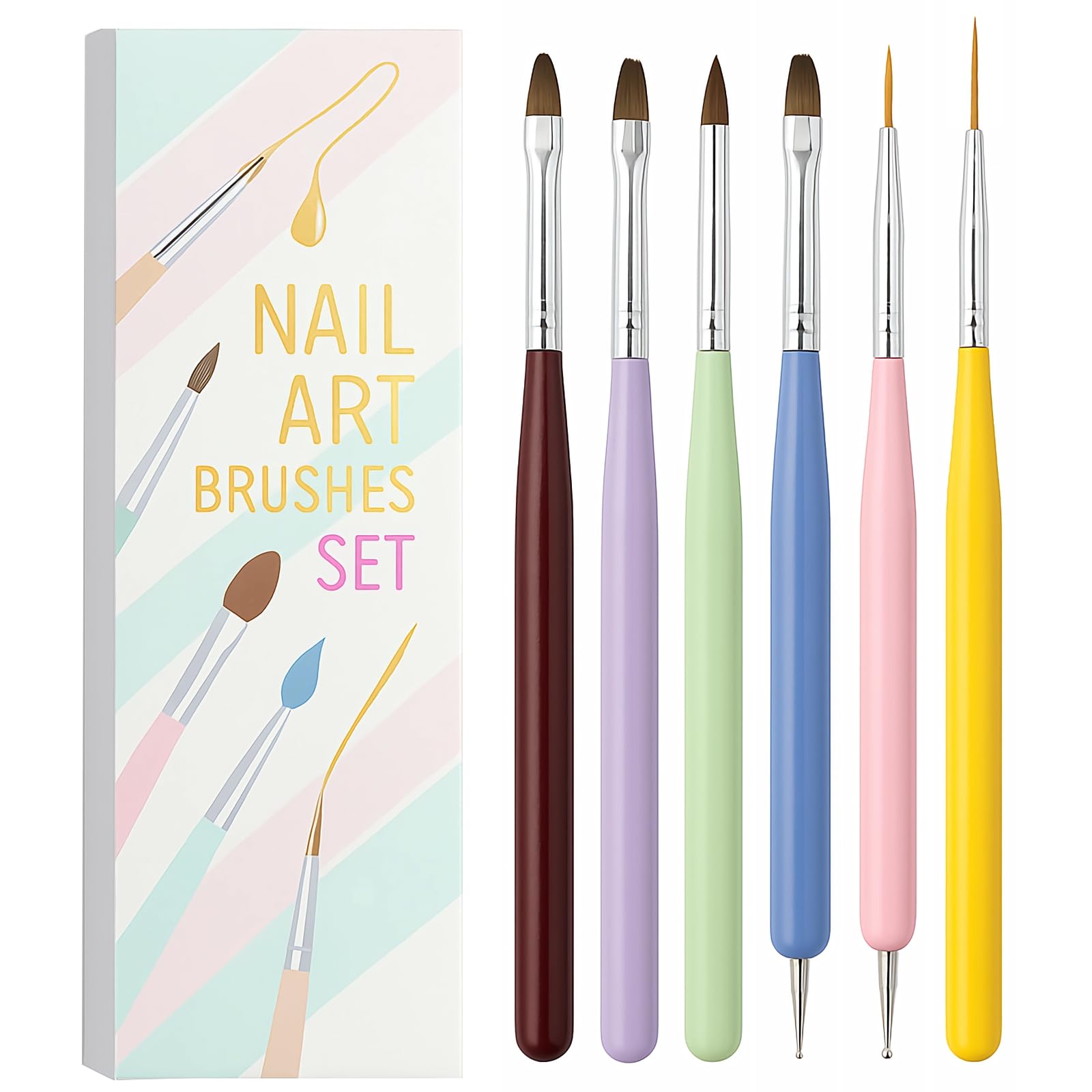 Nail Art Brushes Set 6Pcs Gel Polish Nail Brush with Liner Flat Angled Dotting Tips Acrylic Nail Art