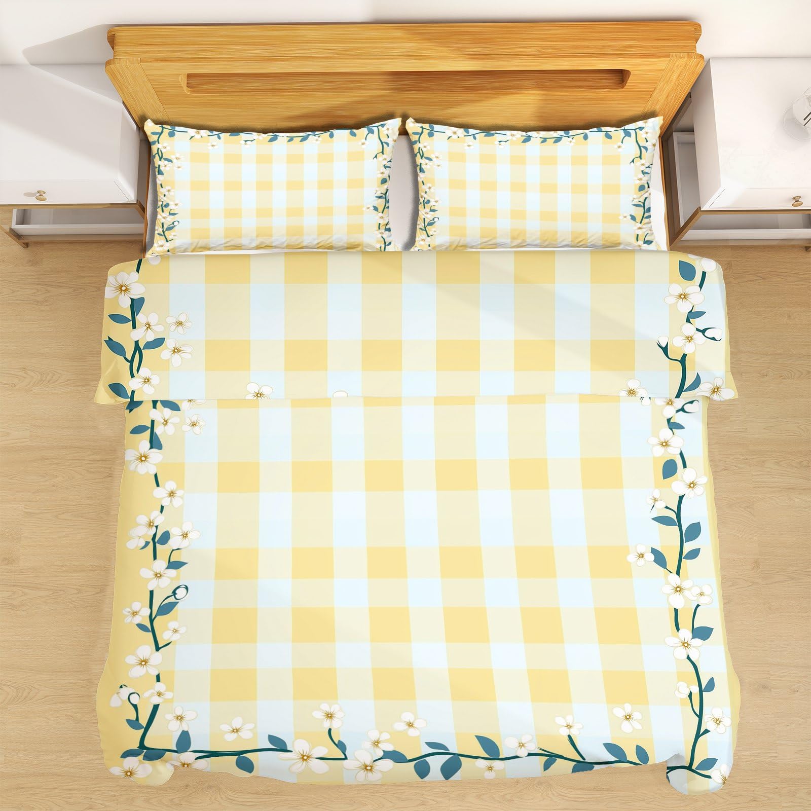 Housse de couette 140x200 cm jaune carreaux avec 1 taie d'oreiller 65x65