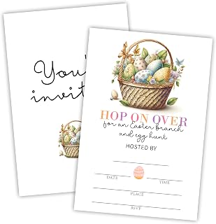 25 Pcs Easter Brunch Invitations With Envelopes - Hop On Over For An Easter Brunch And Egg Hunt - 4 x 6 Inches Easter Egg Basket Brunch Invitation - Party Favor & Supplies (G04)