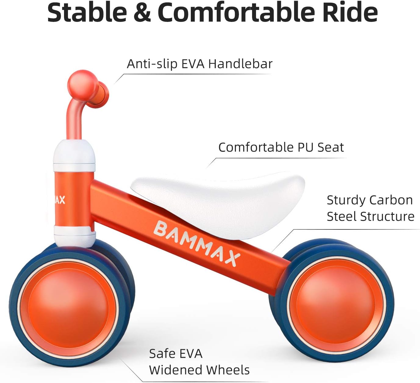 Bammax Baby Balance Bike for 1 Year Old Toddler, Riding Toys for 9-24 Months Boys Girls, No Pedal Infant 4 Wheels Baby Bicycle First Birthday Gift Cute Toddler Bike to Help Baby to Start Riding