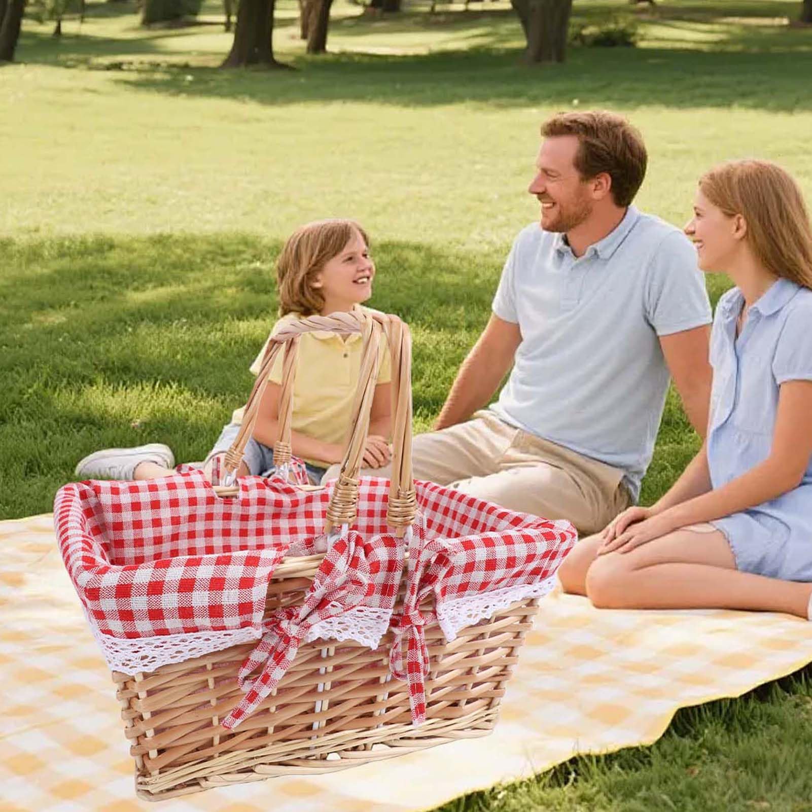 Tosuny Wiklinowy Kosz Piknikowy z odpinaną wkładką, Tkany Kosz w Stylu Vintage na Piknik na świeżym Powietrzu, Prostokątny z Podwójnymi Uchwytami do Pieszych Wędrówek Po Kempingu (Czerwona siatka)