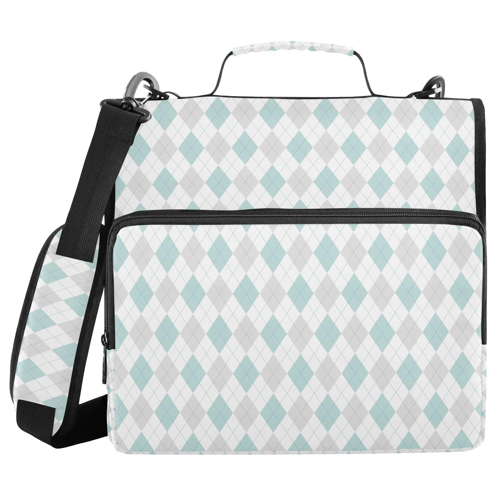 Blue Grey Diamond Checkered Plaid Striped Binder Bag 3 Ring Zipper Binders with Shoulder Strap for School Office Organizer Storage