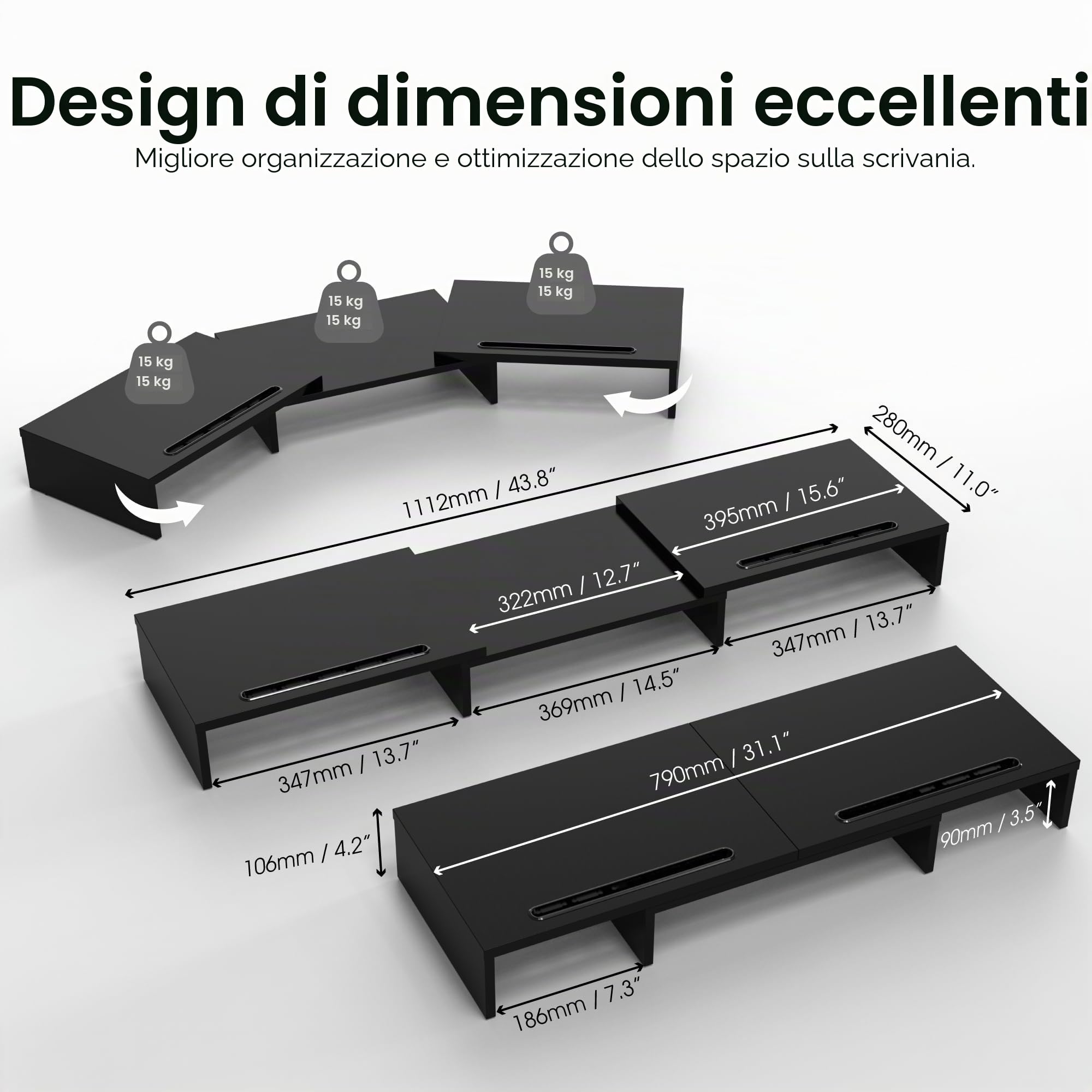FITUEYES Supporto Monitor Supporto per Monitor in Legno con 2 Supporti per Telefoni, Lunghezza e Angoli Regolabili per 2 Monitor 79-111,2 x 27 x 10,5cm (Nero) DT111101WB