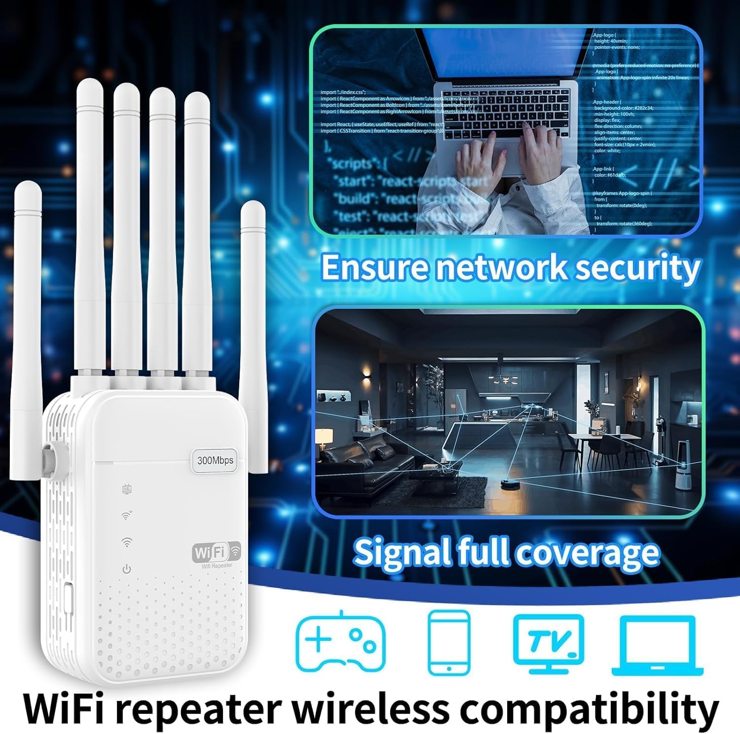 Amplificateur WiFi Puissant 1200Mbps Double Bande 5G/2.4GHz, Extension WiFi avec 6 Antennes, 2 Ports LAN Mode AP, Amplificateur Signal Longue Portée, Facile à Installer pour Maison et Bureau