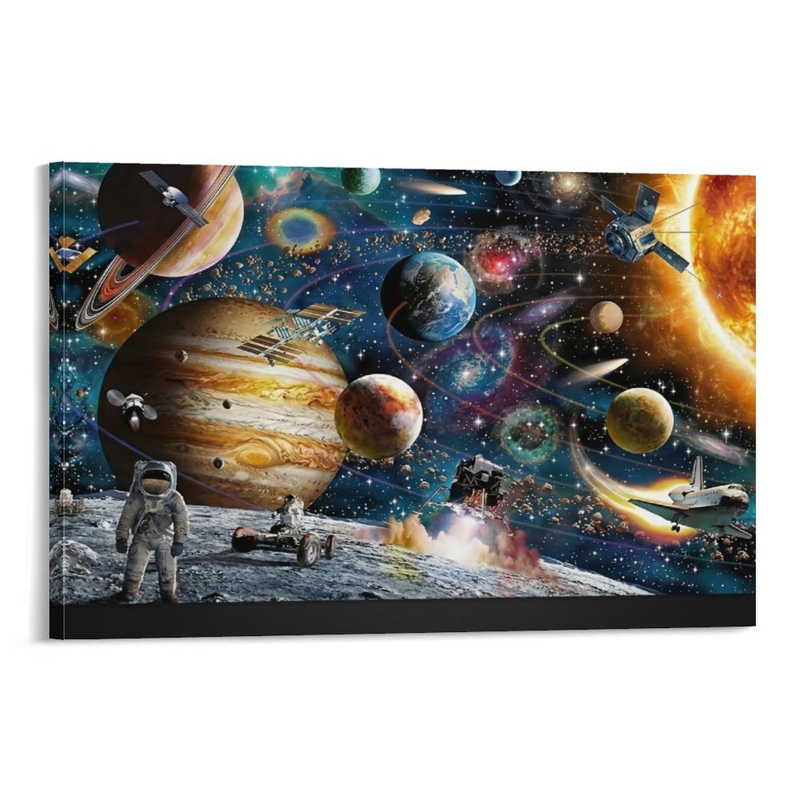 CPLVKWRQJ Space Exploration Scene Individual Astronaut And Planets Colorful Space Scene Framed Canvas Art - Office Wall Decor Multi-Purpose Fade Resistant Statement Piece 12x18inch(30x45cm)