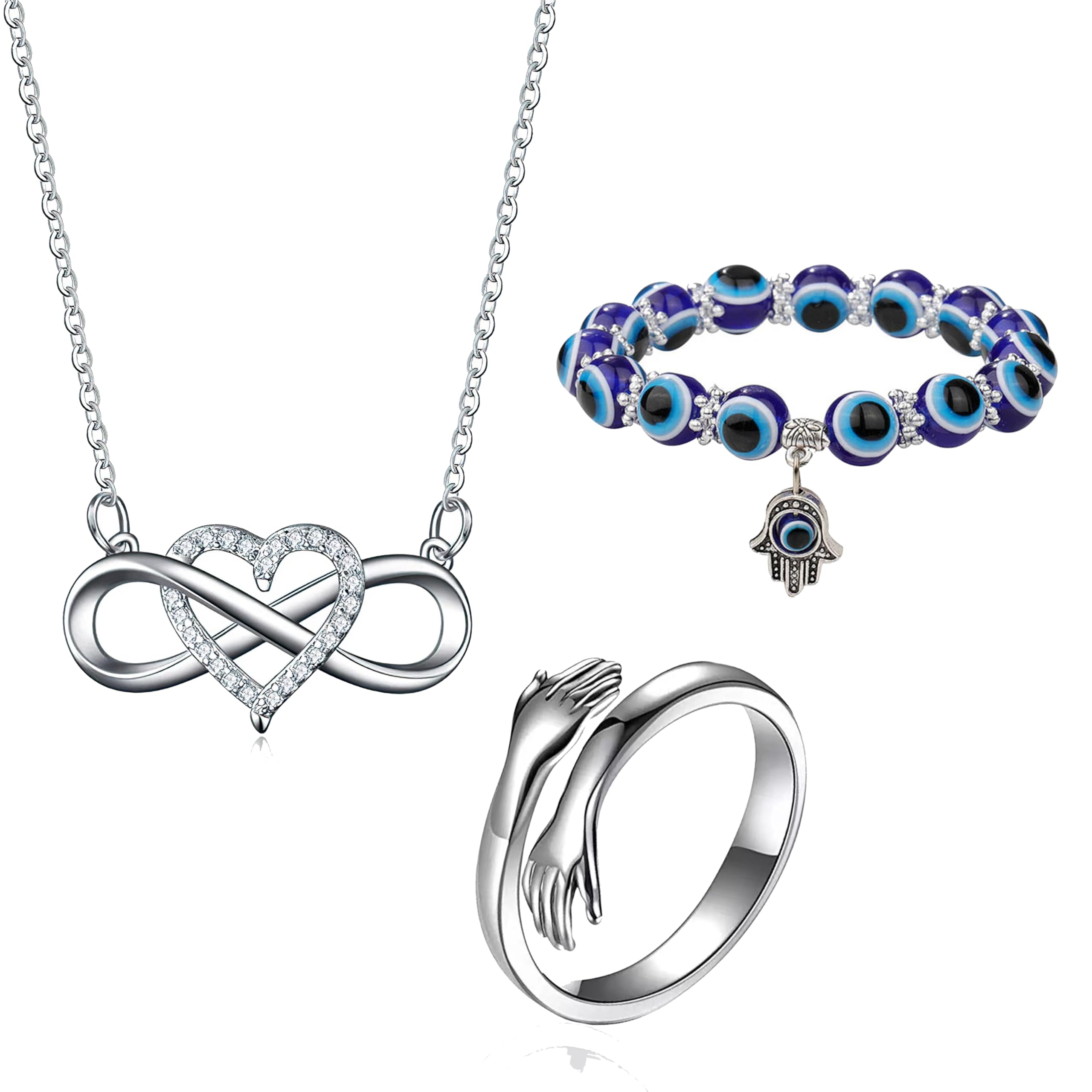 Silver Heart Infinity Chain Pendant For Women Stainless Steel Silver Adjustable Hug Ring With Evil Eye Bracelet For Men Women Jewellery Combo-image-36