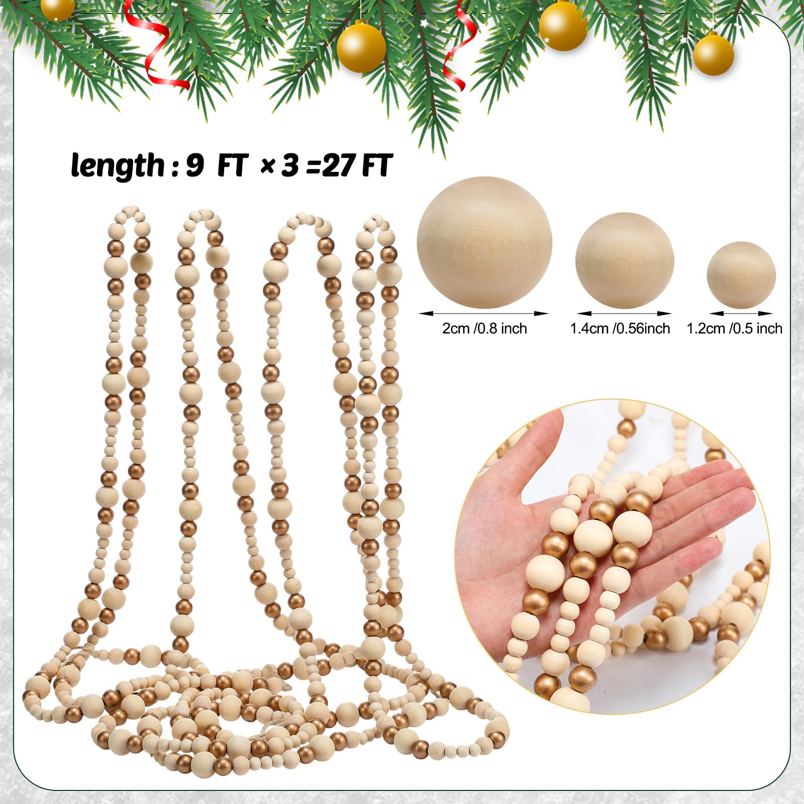 Briwooody Guirnalda de cuentas de madera de Navidad de 27 pies de largo, 3 piezas de guirnalda de árbol de Navidad de madera de 9 pies, guirnaldas de cuentas vintage para Navidad, boda, vacaciones