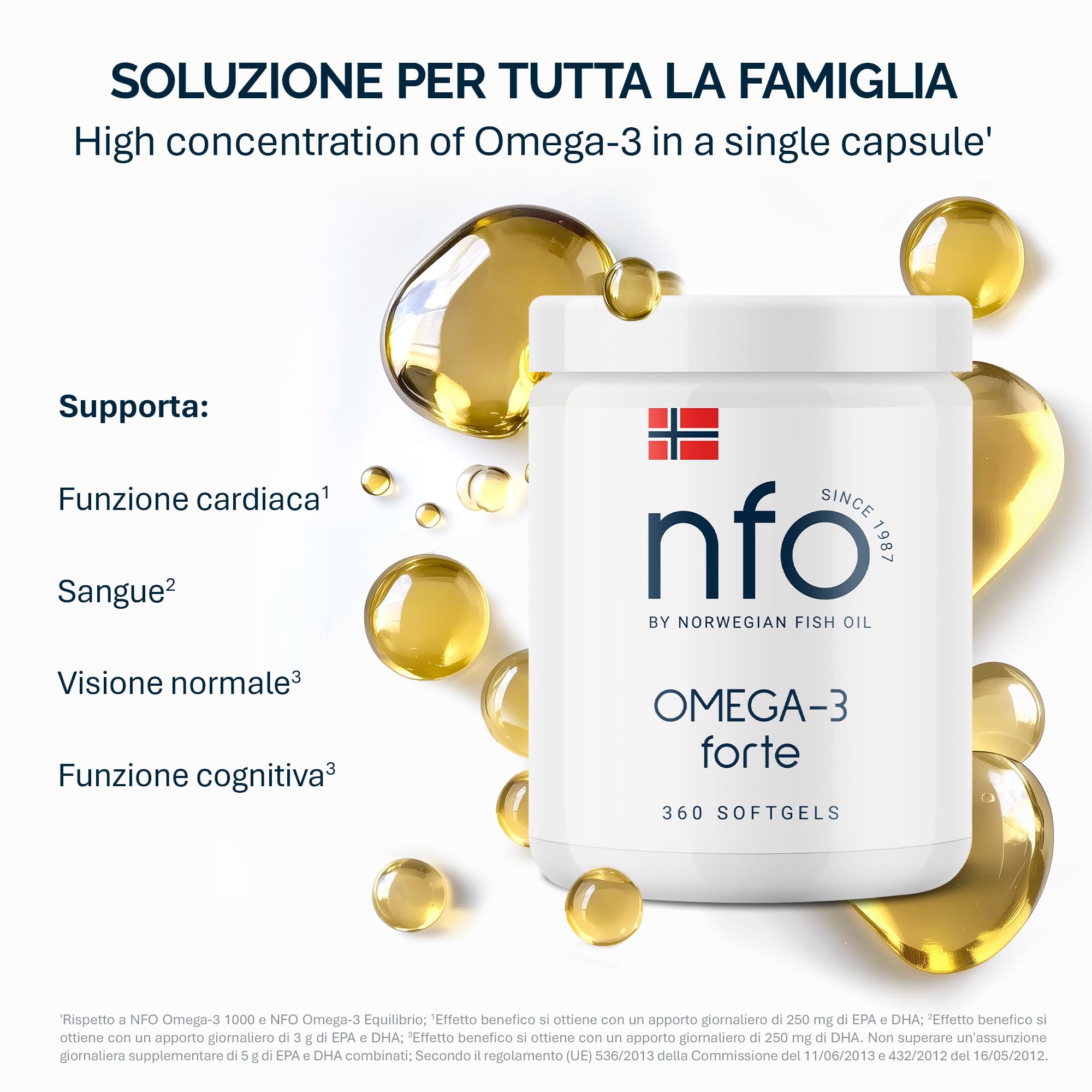 NFO Omega 3 Forte [360 capsule] Confezione Famiglia, Olio di Pesce Norvegese ad Alta Concentrazione di EPA:Formula DHA con Complesso Naturale di Vitamina E per Adulti e Bambini +3 Anni Prodotto in