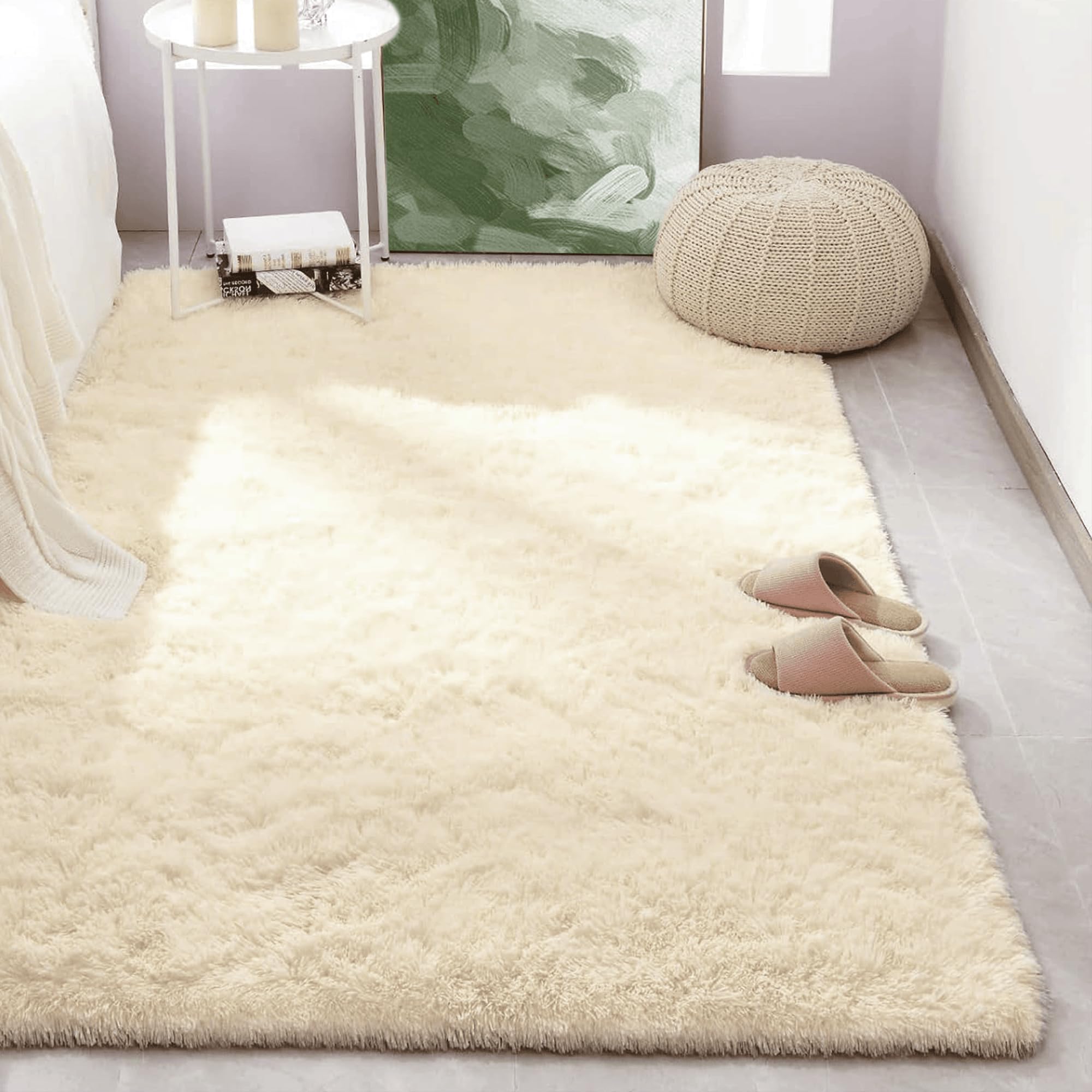 Tapis de salon antidérapant et lavable 270 x 320 cm anti-glisse crème