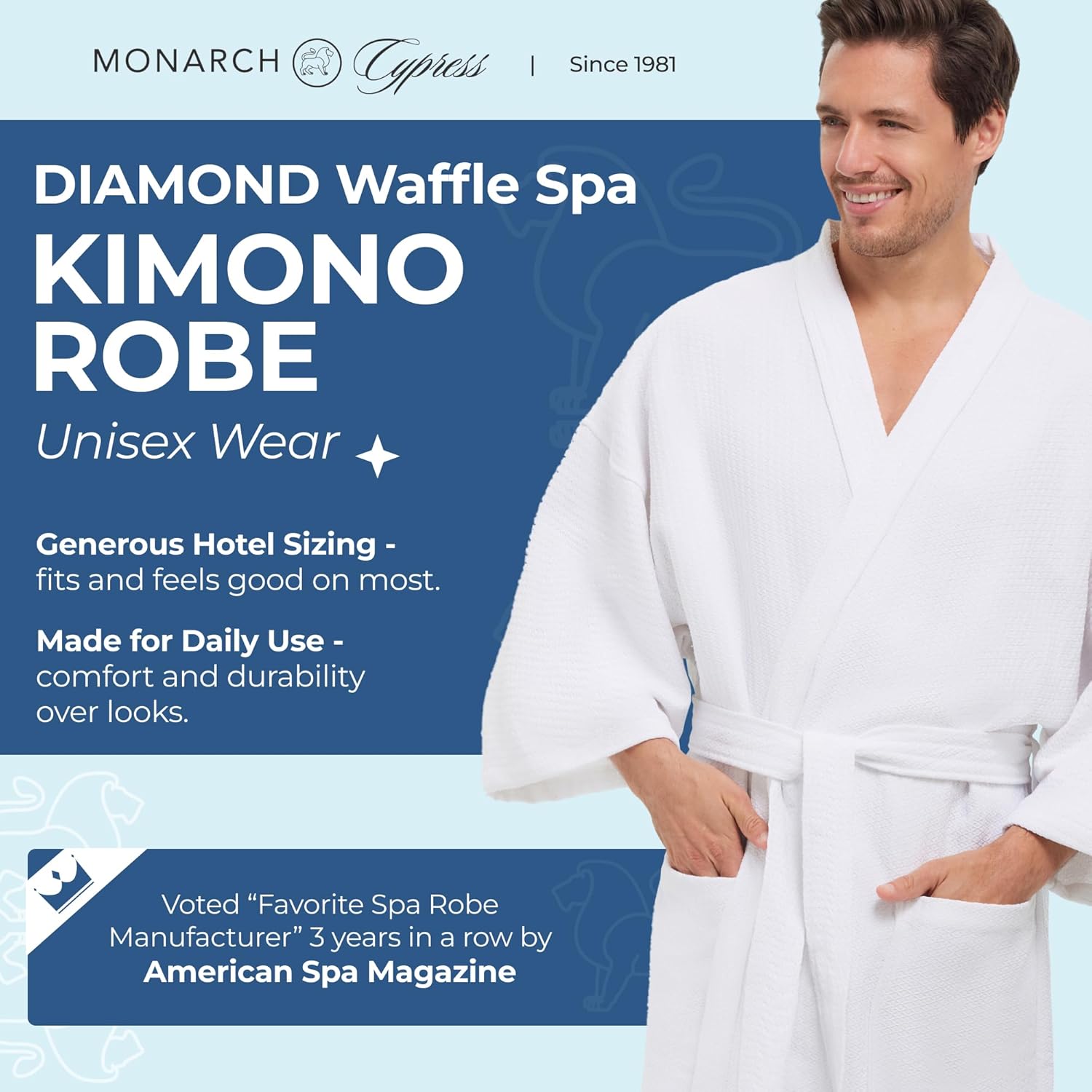 MONARCH Unisex Diamond Waffle Spa Kimono Robe – Soft Lightweight Fabric, Generously Sized Hotel & Spa Robe with Pockets - Image 2