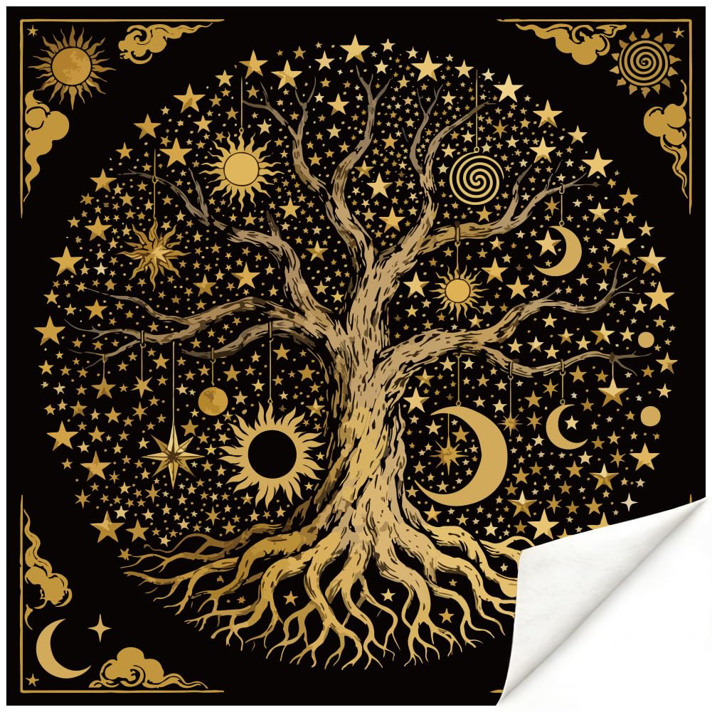 PRESSINART Tarot Card Tablecloth Divination Table Cloth Tree of Life Black Golden Velvet Square 19.69 Inch Altar Cloth for Witchcraft Spiritual Ritual Astrology Meditation Divination Tools Accessories