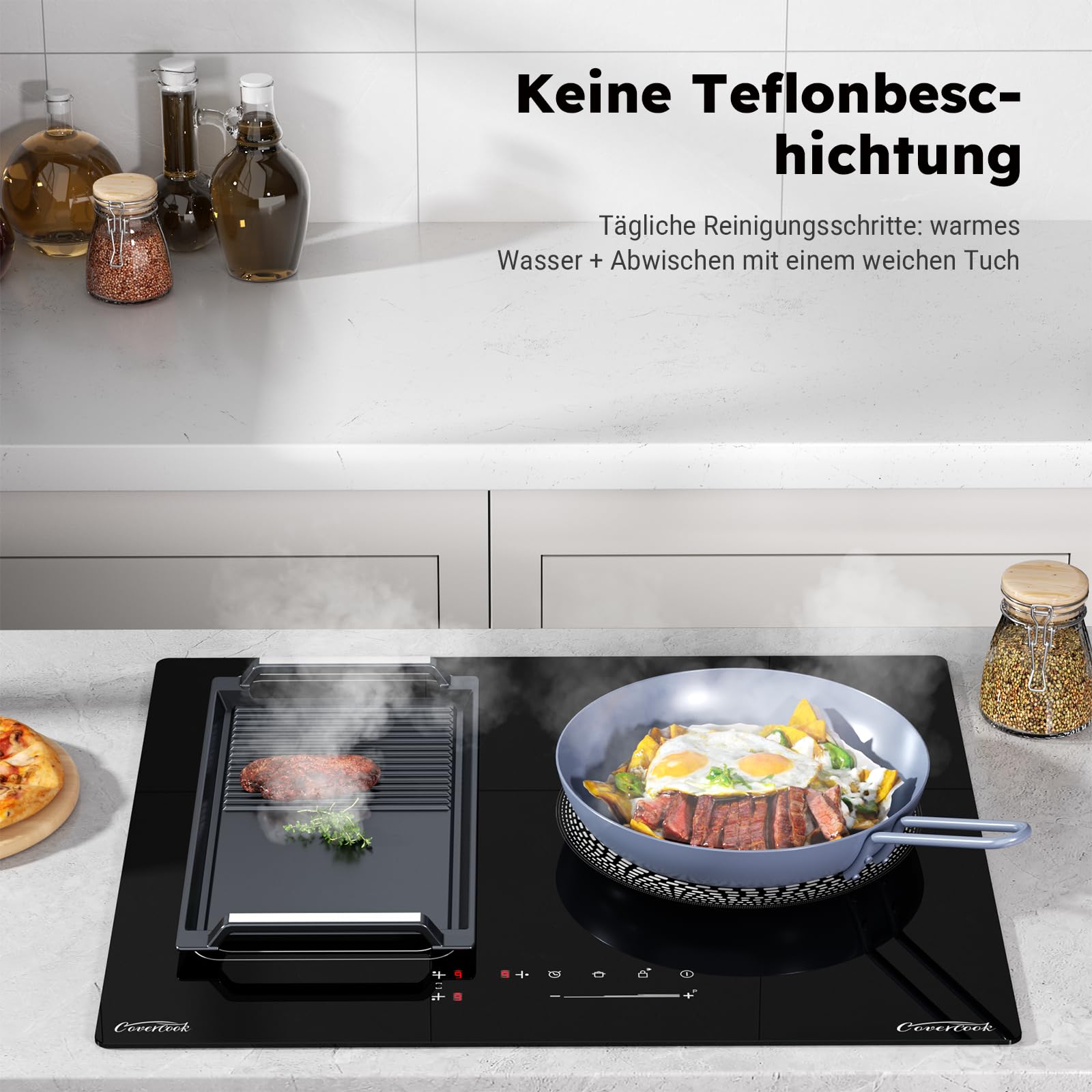 Grillplatte - Gusseisen - 43 x 23 cm - 2 Griffe - Antirutsch- Grillpfanne mit halb-gerippt und halb-glatt - für Induktion, Herdplatten, Ofen, BBQ, Gasgrill