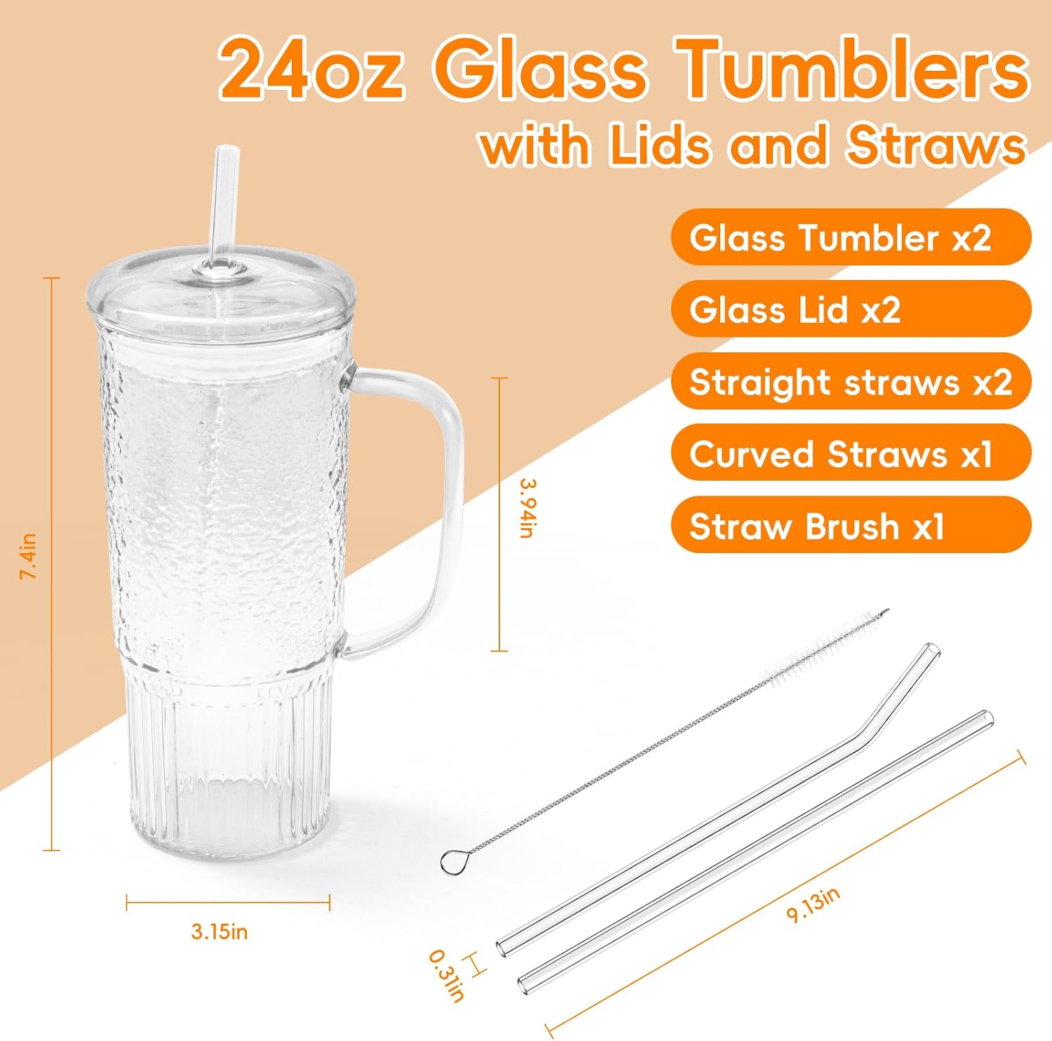 GOSCHE Glass Cups with Lids and Straws, 24oz Clear Iced Coffee Cups with Handle, Glass Tumbler with Straw and Lid for Smoothie Water Tea Juice, Clear, 2 Pack image 2