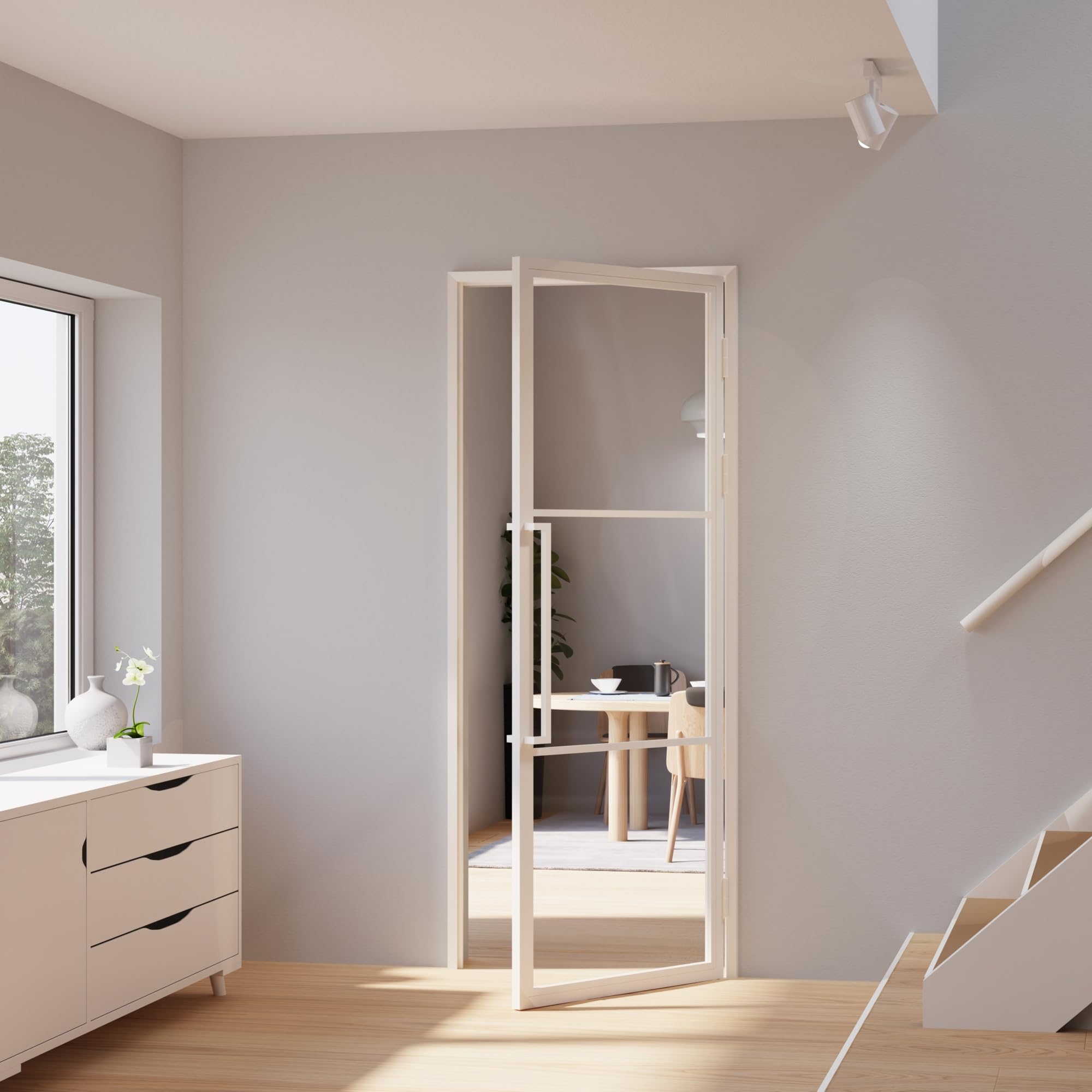 inova Glastür Komplettset in weiß mit Beschlag und Zarge 830x2115mm rechts Griffstange Zimmertür Lofttür Industrial Look White Style