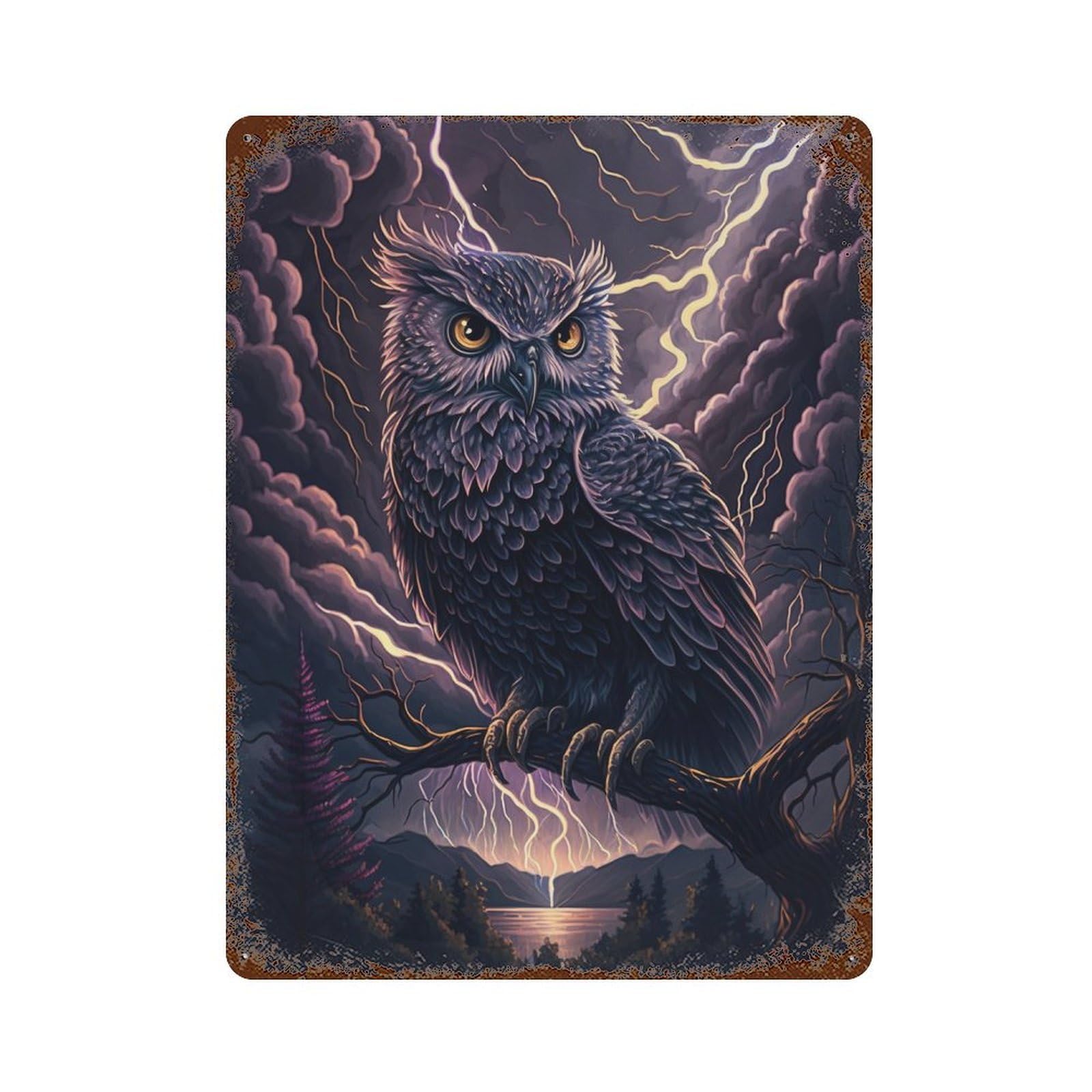 Retro Metal Sign Thunderstorm Owl Majesty 15.7"x11.8", Decorative Metal Wall Art for Pub, Kitchen And Man Cave Decor