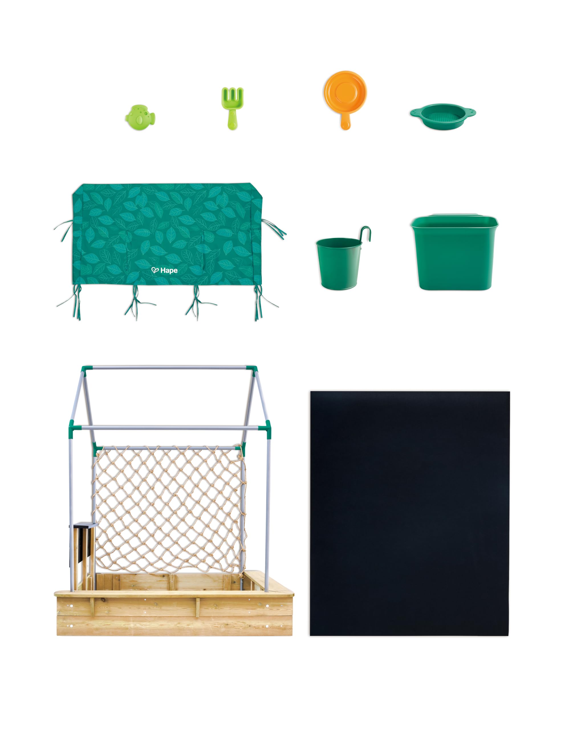 Hape Outdoor Sandkasten mit Dach, Netz & Spielzubehör – All-in-One Sandkasten-Set, Outdoor Spielzeug