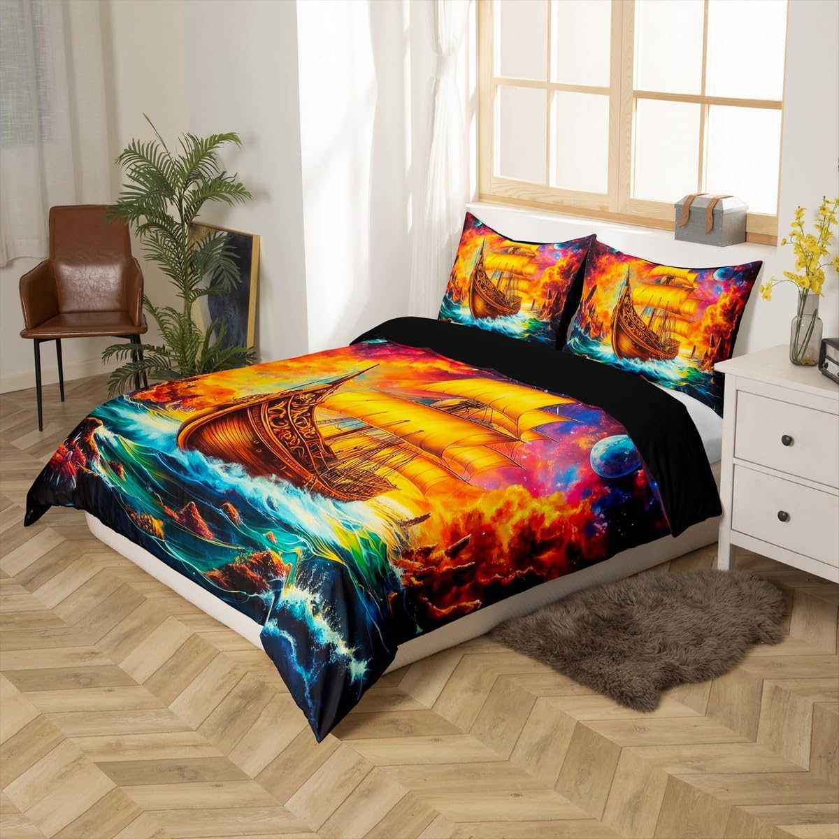 Castle Fairy Ship Ocean Bedding Set Watercolor Sunset Sky Bedding Duvet Cover Kids Teens Ocean Adventure Comforter Cover Soft Polyester Bedroom Quilt Cover 2Pcs Toddler,No Comforter