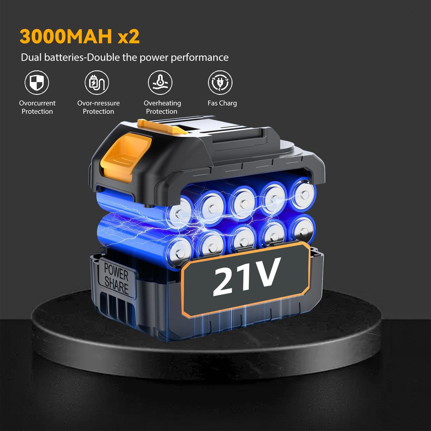 Soplador eléctrico turbo de 3000 W, con 2 baterías, motor sin escobillas, 30.000 rpm, soplador de polvo eléctrico, soplador de aire para hojas, nieve y polvo, ajustable sin niveles (amarillo)