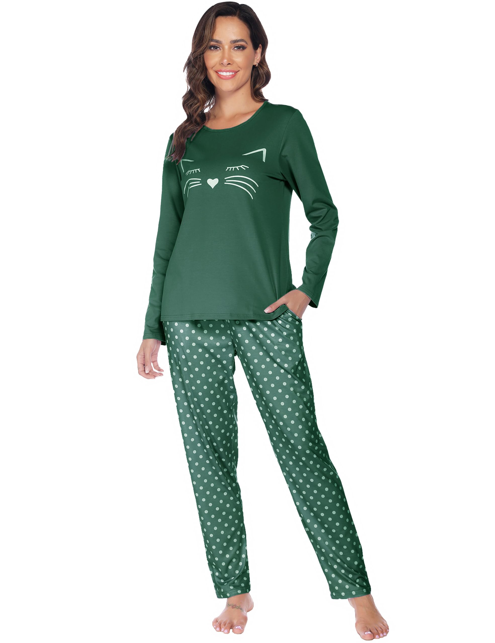 BigKing Pyjama À Motifs De Chat À Manches Longues, Femmes Vêtements De Maison De Pyjama Mignon À Pois Chat pour Loisirs À La Maison