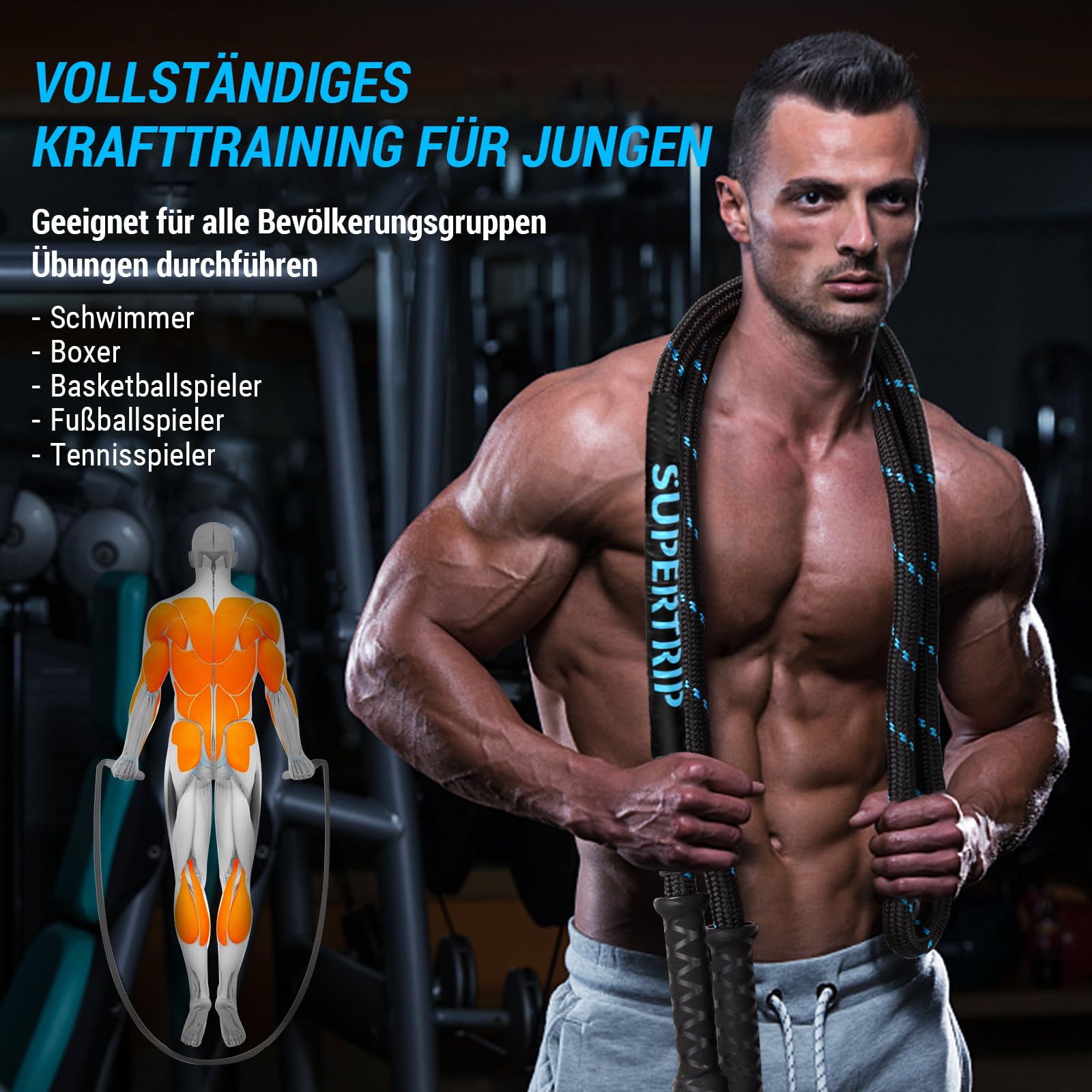 Supertrip Upgrade Gewichtete Springcord Fitness per adulti,Zweite Generation 360°Rotating Griffe Schweres Springcord für Ganzkörper-Muskeltraining,3.21/3.38/3.41Pfund Scarpe da corda per donna uomo