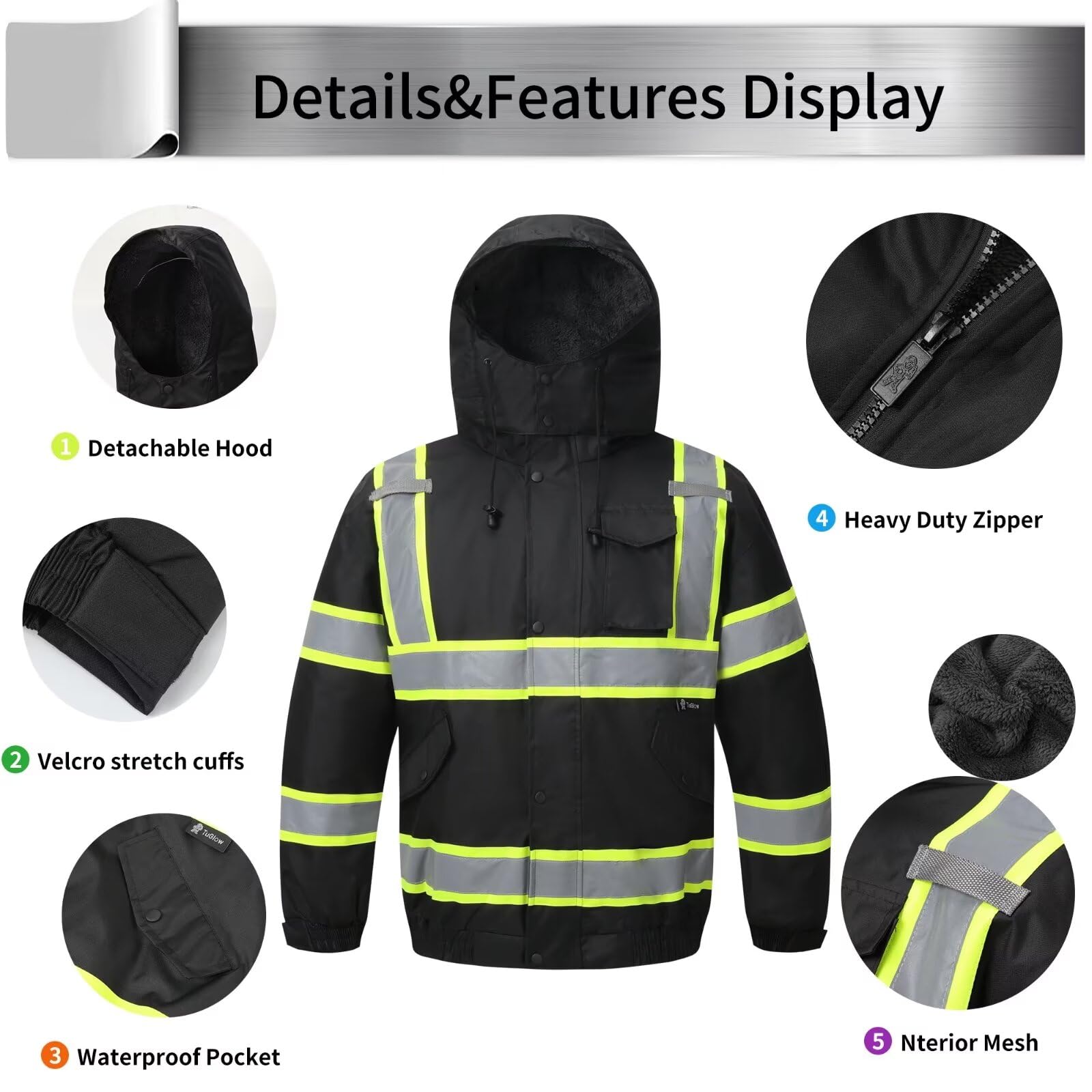 Sudadera con capucha de alta visibilidad para hombre, chamarra de seguridad reflectante con cierre para hombre y mujer, parka aislada para construcción y trabajo