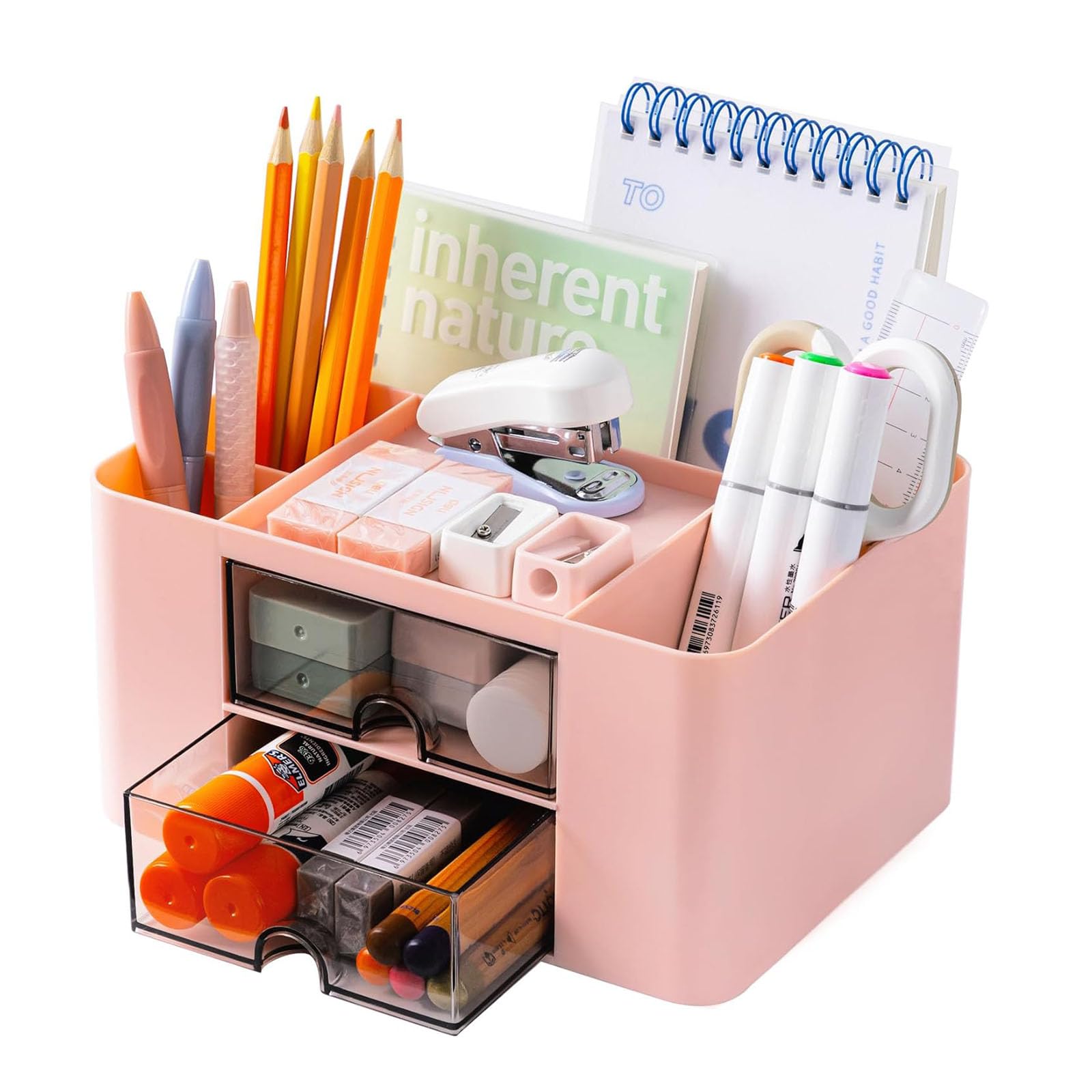 JLPDMT Stationery Organiser,1 PCS Creative Desk Organiser With Two Drawers, Large Capacity Desktop Organizer, Multifunctional Children Organiser, for School, Office, Home(Pink)