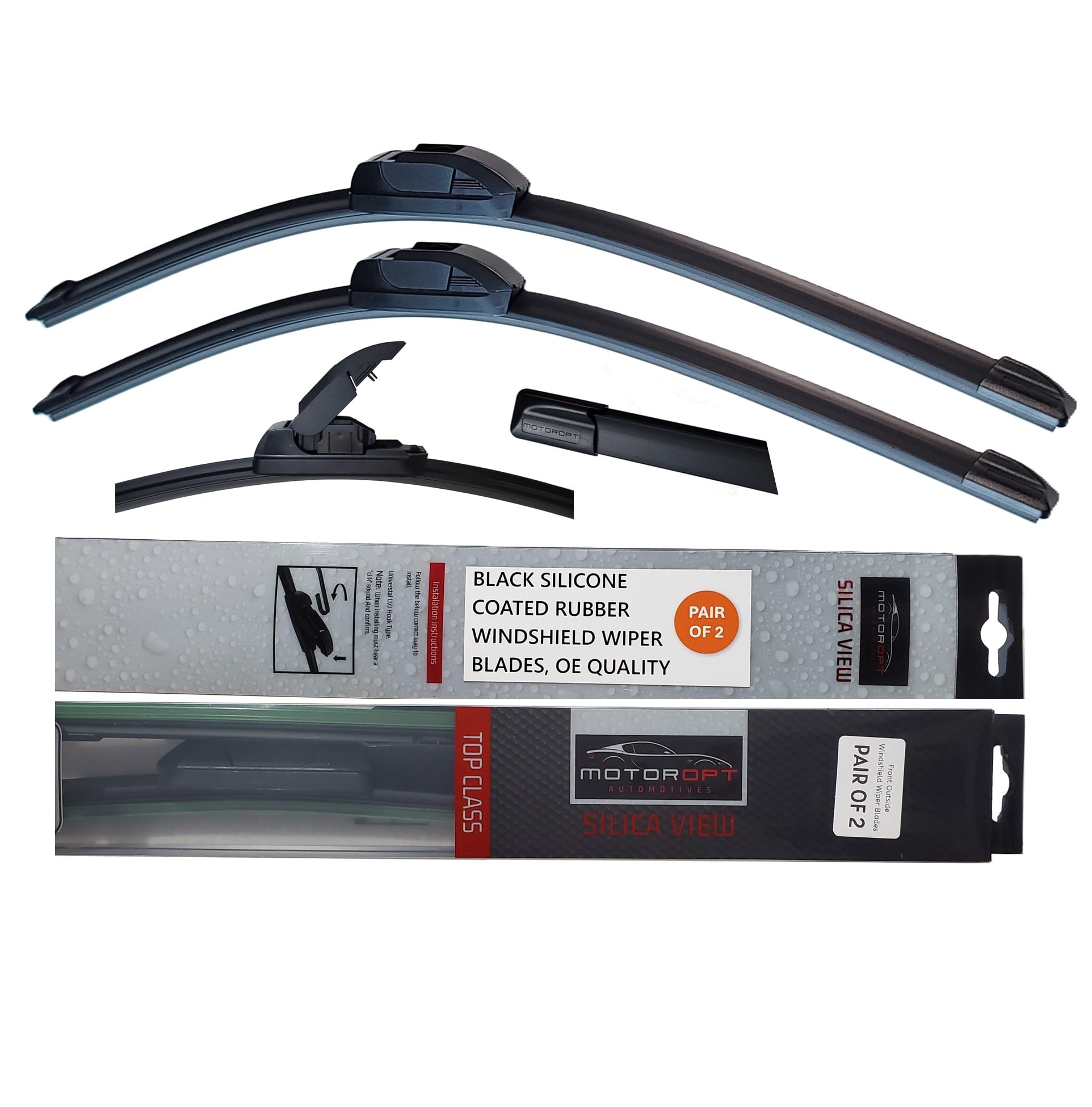 Silica View – (26"+18") Silicone Automotive Replacement Windshield Wiper Blades for my car, Black Silicone Coated Rubber, 5x Last Longer, J/U Type Hook Vehicle Specific Fitment