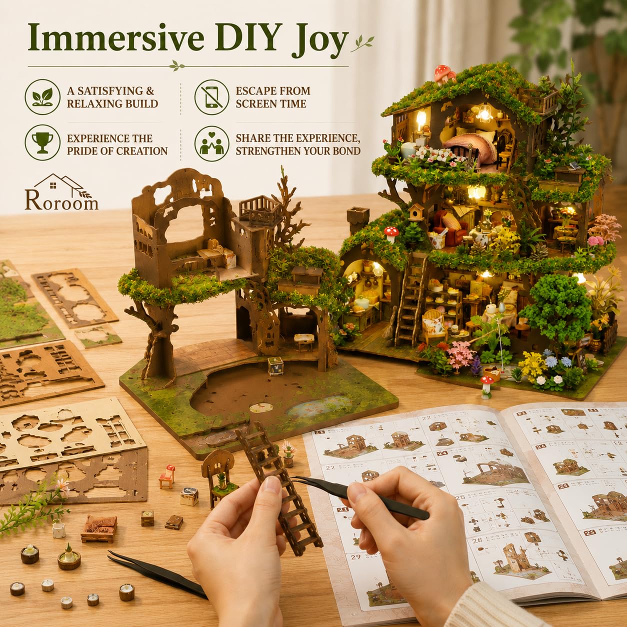 Roroom Miniatur Haus, Wald-Baumhaus Puppenhaus aus Holz | mit warmem LED-Licht und Musikbox, 3D Holzpuzzle Bastelset für Regal- und Zimmer Deko, kreatives Geschenk für Naturfans