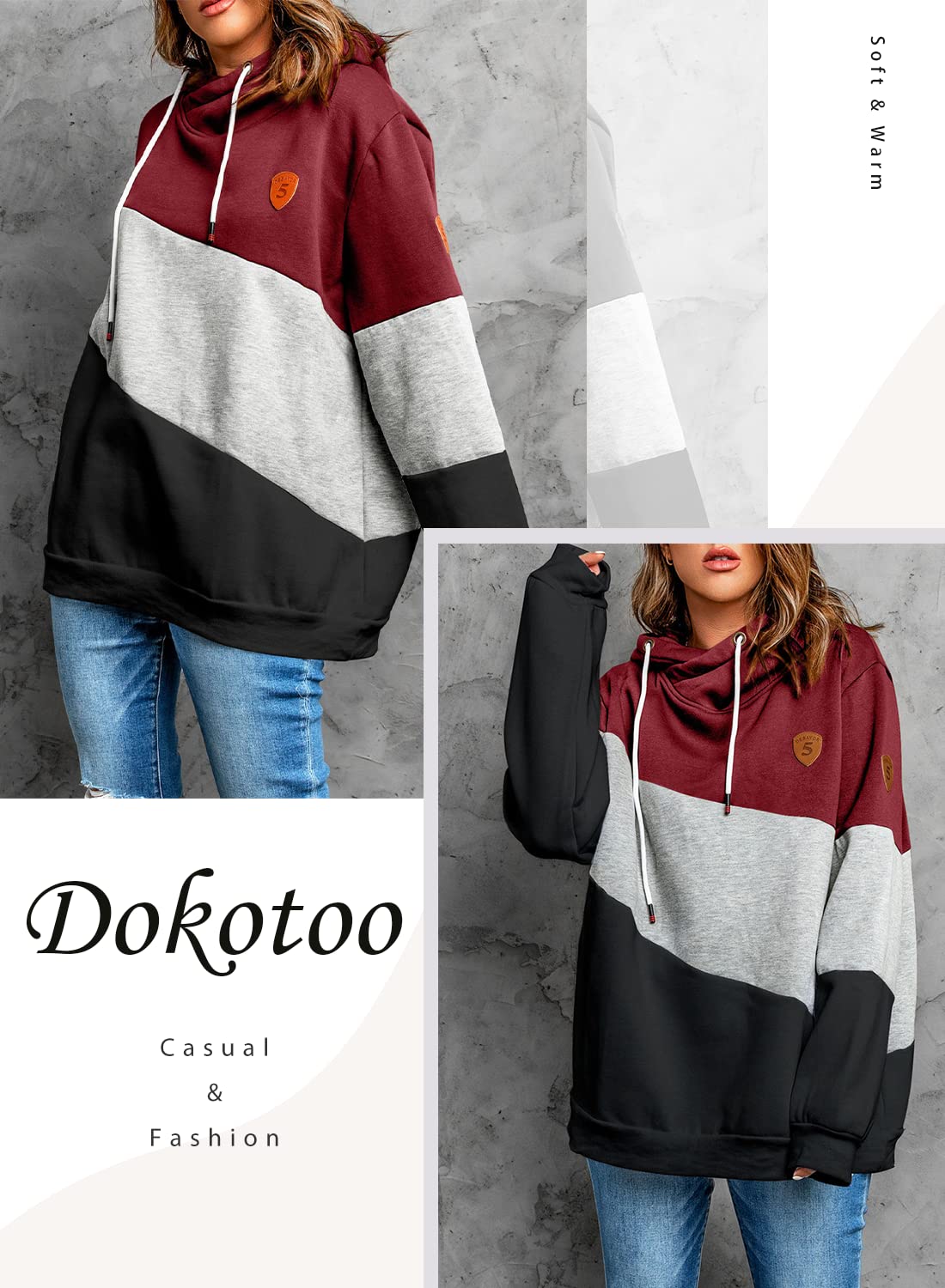 Dokotoo Damen Kapuzenpullover Stehkragen Hoodie Pullover Farbblock Sweatshirt Langarmshirt Oberteile für Herbst Winter S-3XL