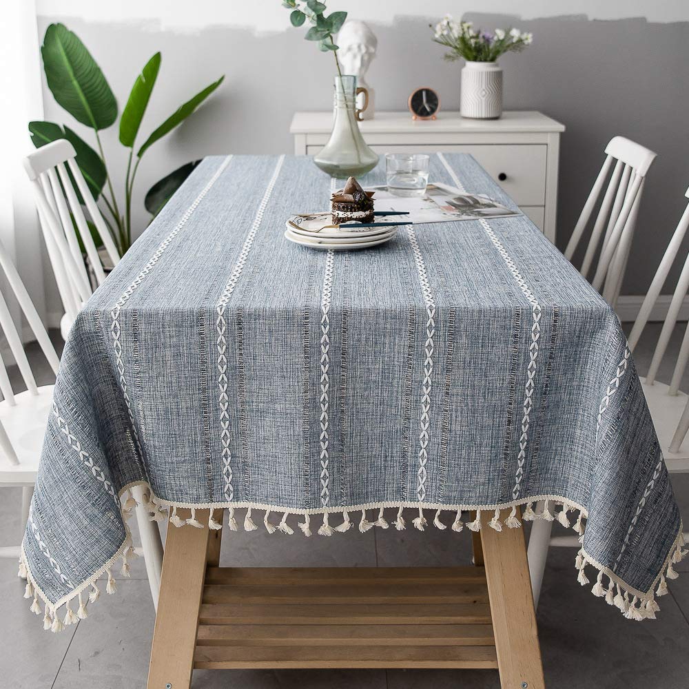 Wondder Cotton Linen Table Cloth Tassel Tablecloth for Party Banquet Dining Table Cover (Gray striped hollow, 140x180cm(55x70.8inch))
