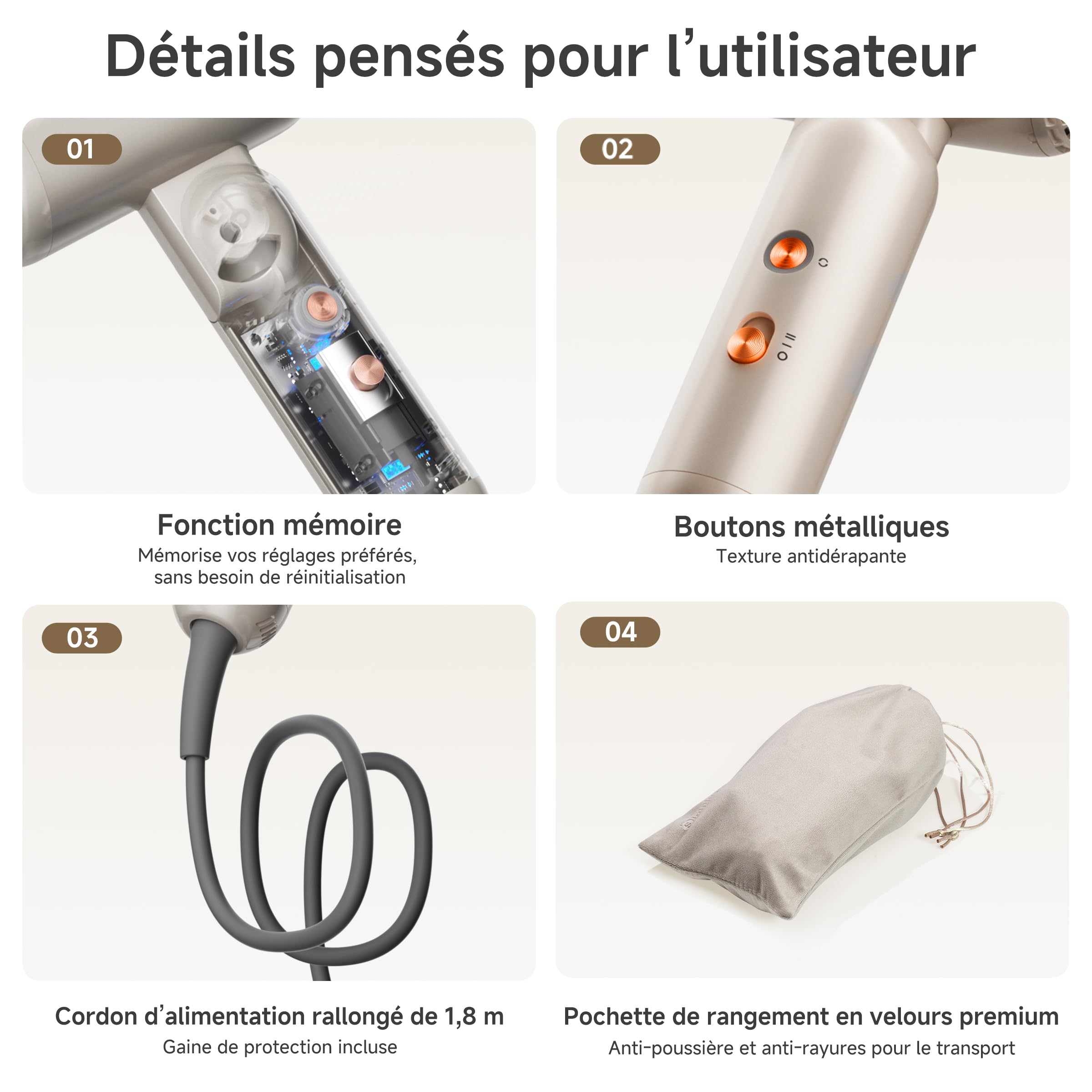 SIMPLUS Sèche-Cheveux Ionique Pliable, 1300W, Moteur BLDC 110 000 tr/min, 70 m/s, 300 Millions d'Ions Négatifs, 8 Modes, Contrôle NTC, Léger 283 g, Buse Peigne, Voyage