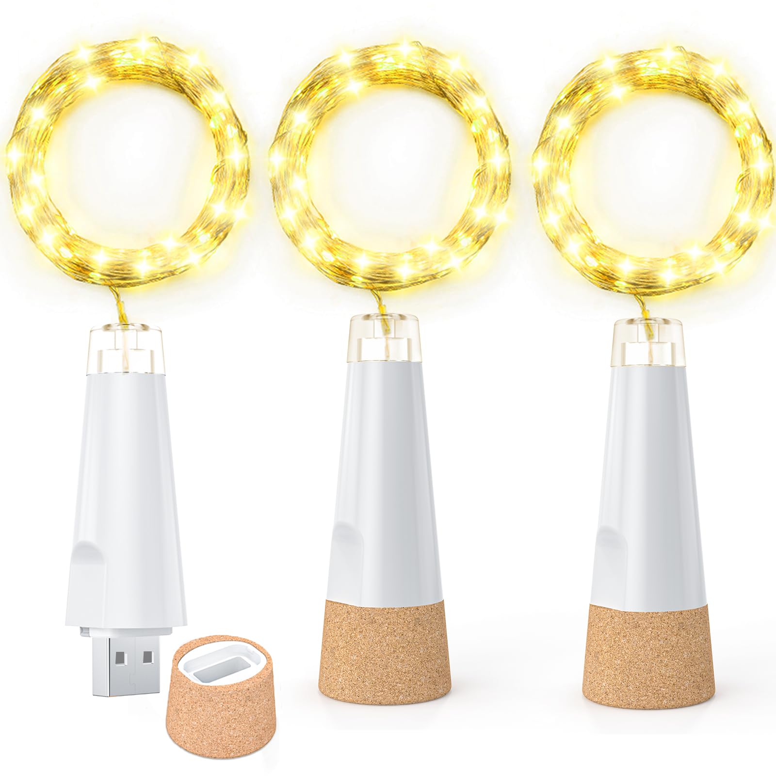 Dumcuw Luces LED para botellas de corcho, luces de vino recargables por USB para botellas con corcho, 20 lámparas LED, impermeables, alambre de cobre, luces de hadas para fiestas de bricolaje,