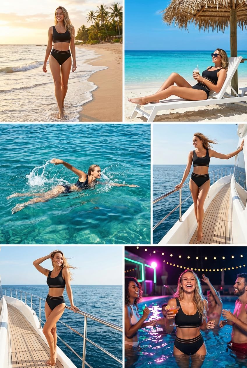 Tempt Me Women Two Piece Scoop Neck Bikini Crop Top Swimsuit Sporty High Waisted Bathing Suit
