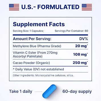 Methylene Blue Capsules 20mg - Pharmaceutical Grade, 3-in-1, 120 Ct, 2-Pack