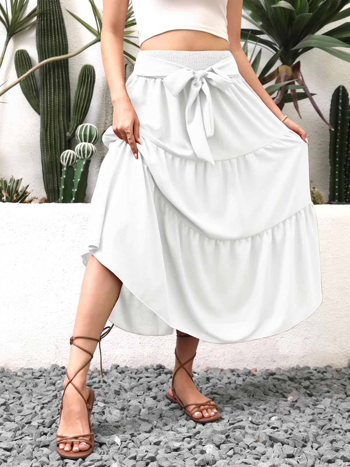 Womens Fall Boho Maxi Skirt Tie Knot Elastic High Waisted Trendy Flowy Beach Long Skirts with Pockets - Image 2