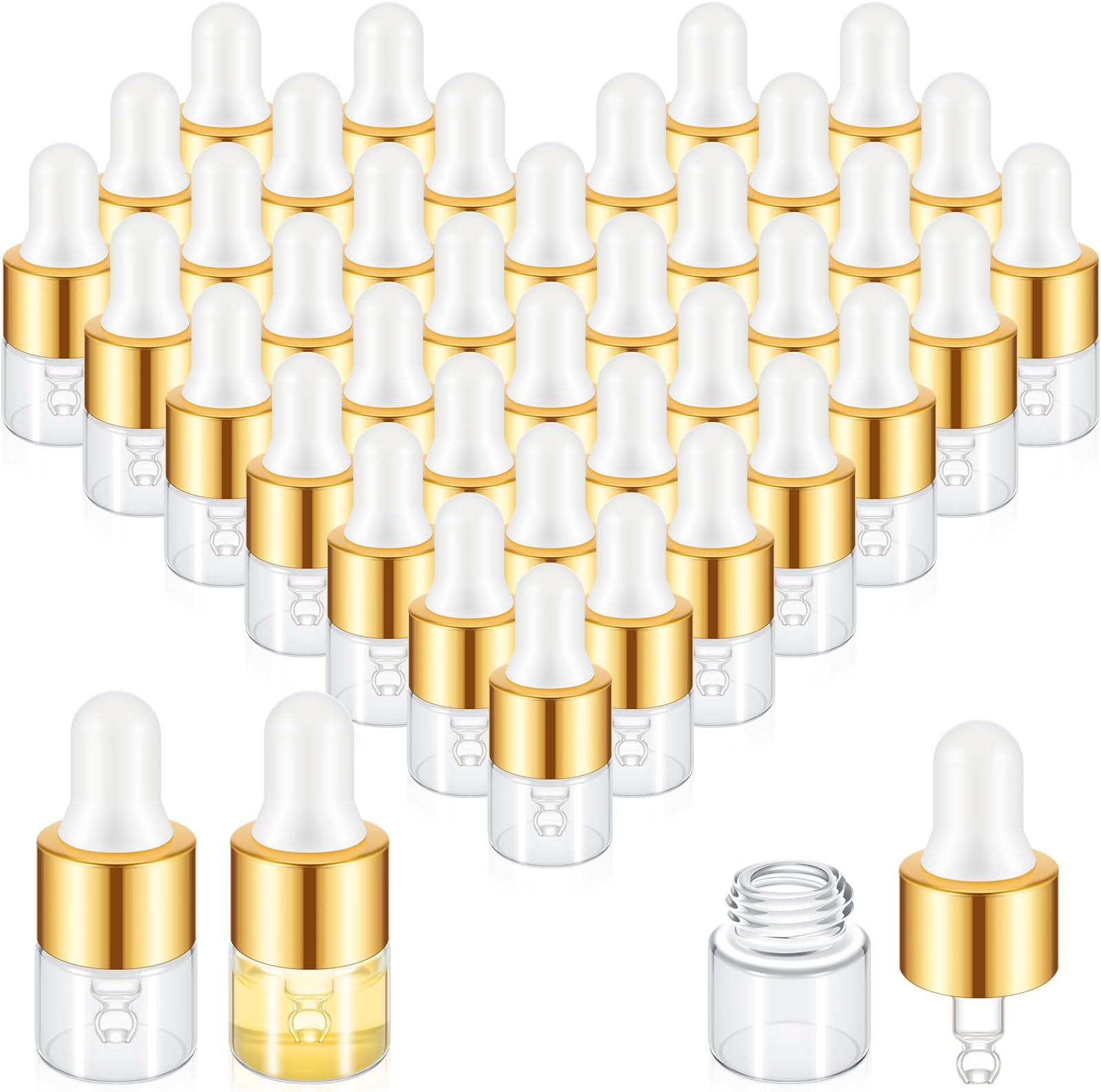 Didaey 100 Pcs Mini Glass Oil Dropper Bottle Bulk, Clear Essential Small Empty Bottles Sample Containers Perfume Liquid Vials with Cap for Traveling (1 ml,Gold)
