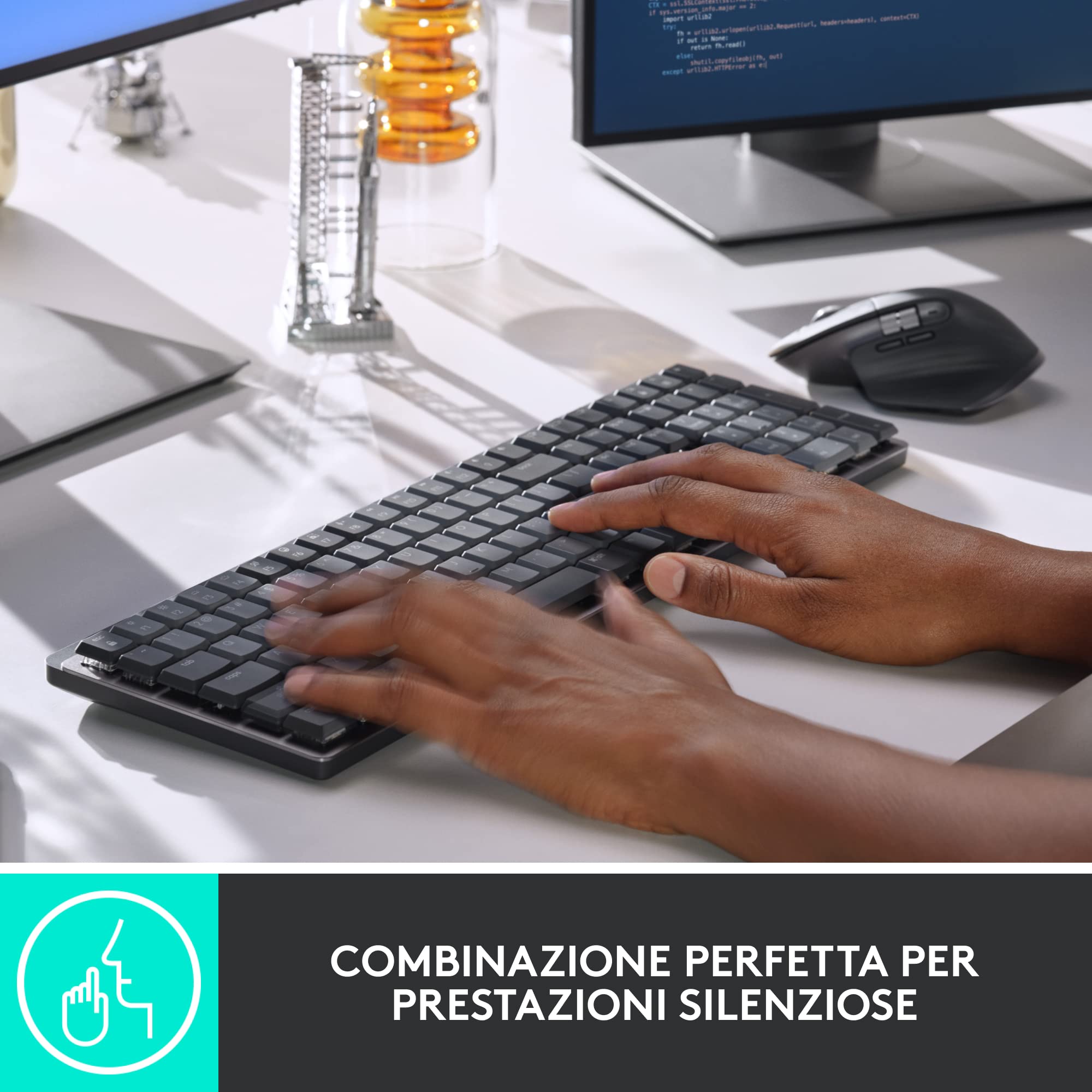 Logitech Kit MX Mechanical - tastiera wireless standard illuminata, Tactile Quiet e mouse wireless Bluetooth MX Master 3S Performance, macOS, Windows, Linux, iOS, Android, US Internazionale - Grigio