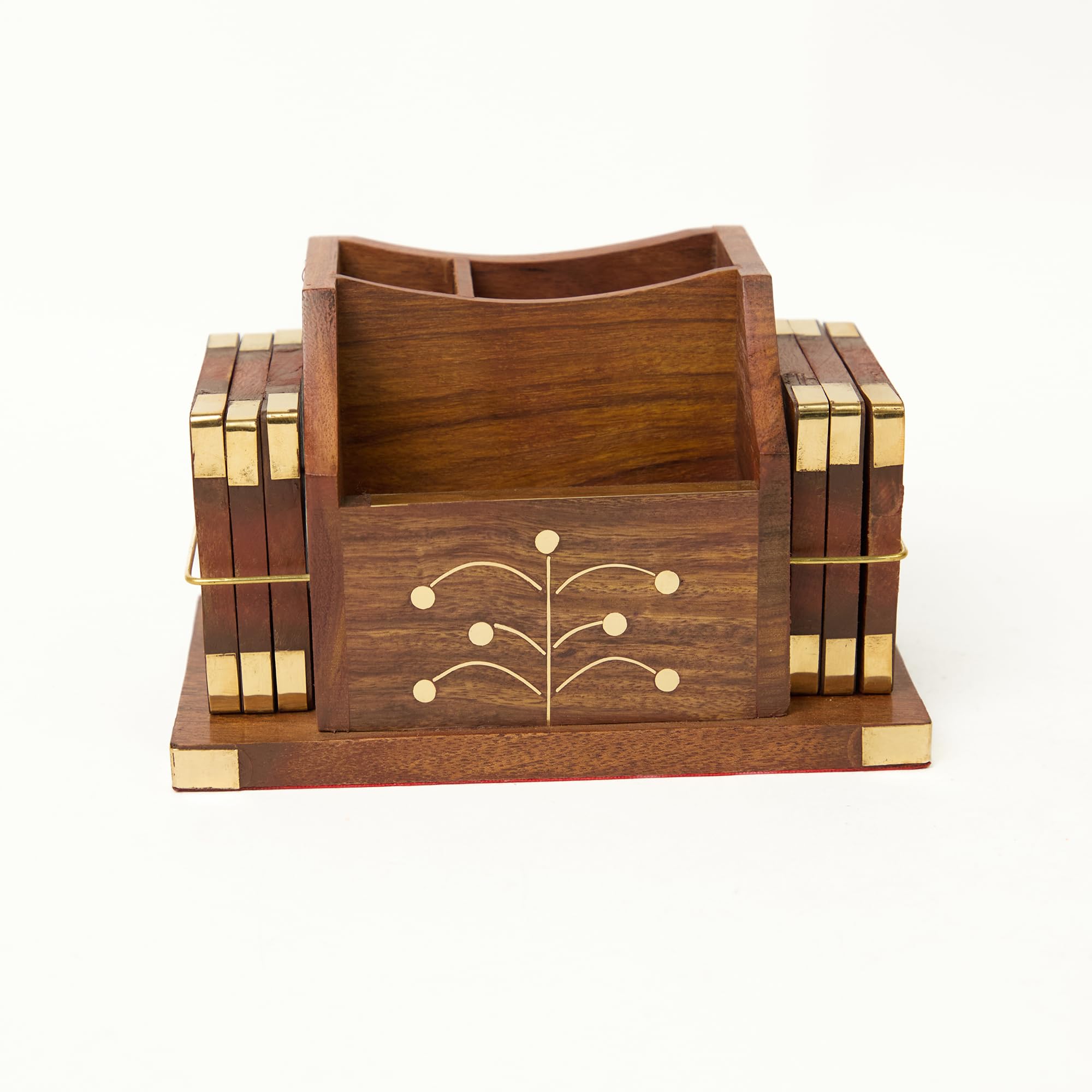 Saras Aajeevika Handcrafted Sheesham Wooden Pen Stand With 6 Pc Set of Coasters & Mobile Holder Stand | Government Office Study Table Desk Organizer Multipurpose Wooden Stationery Organiser Gift Items-image-22