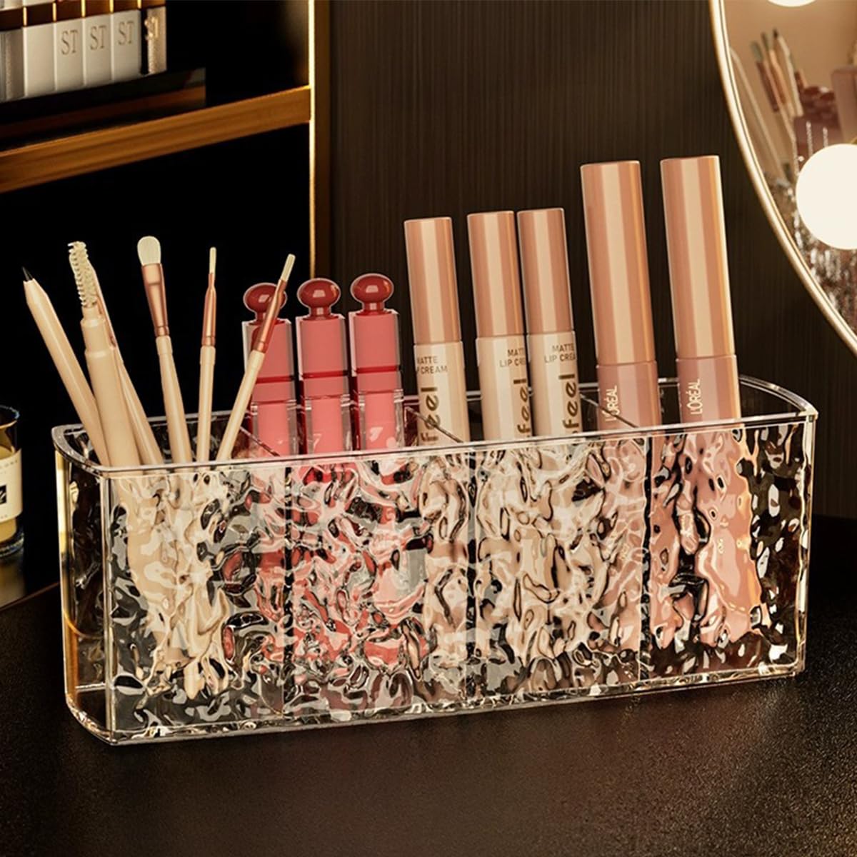 Terafeels Makeup Brush Holder 4 Slot Clear Acrylic Cosmetic Organiser for Eyeliners Lipstick Crystal Storage Box for Bathroom Bedroom Dress Table Vanities Office Desk Grey 6702