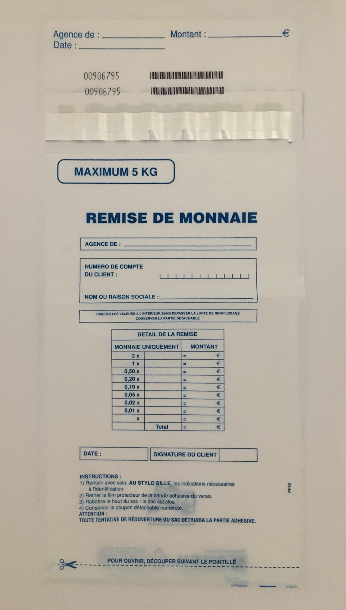 Sachet scellé pour pièces de Monnaie - Lot de 50 - 5Kg - Numérotation séquentielle et code-barres unique