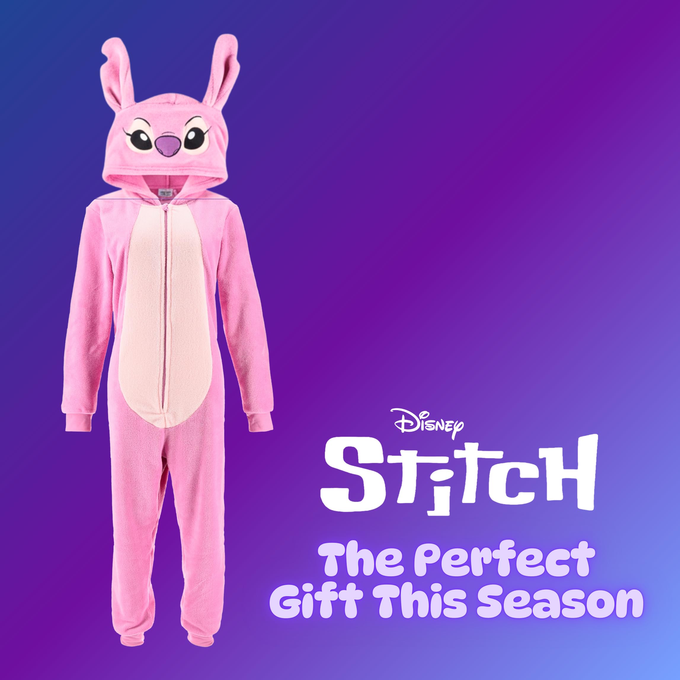 Disney Stitch Pyjama Femme, Pyjama Une Pièce à Capuche 3D Angel en Polaire Douce, Cadeau pour Femmes, Filles et Adolescents