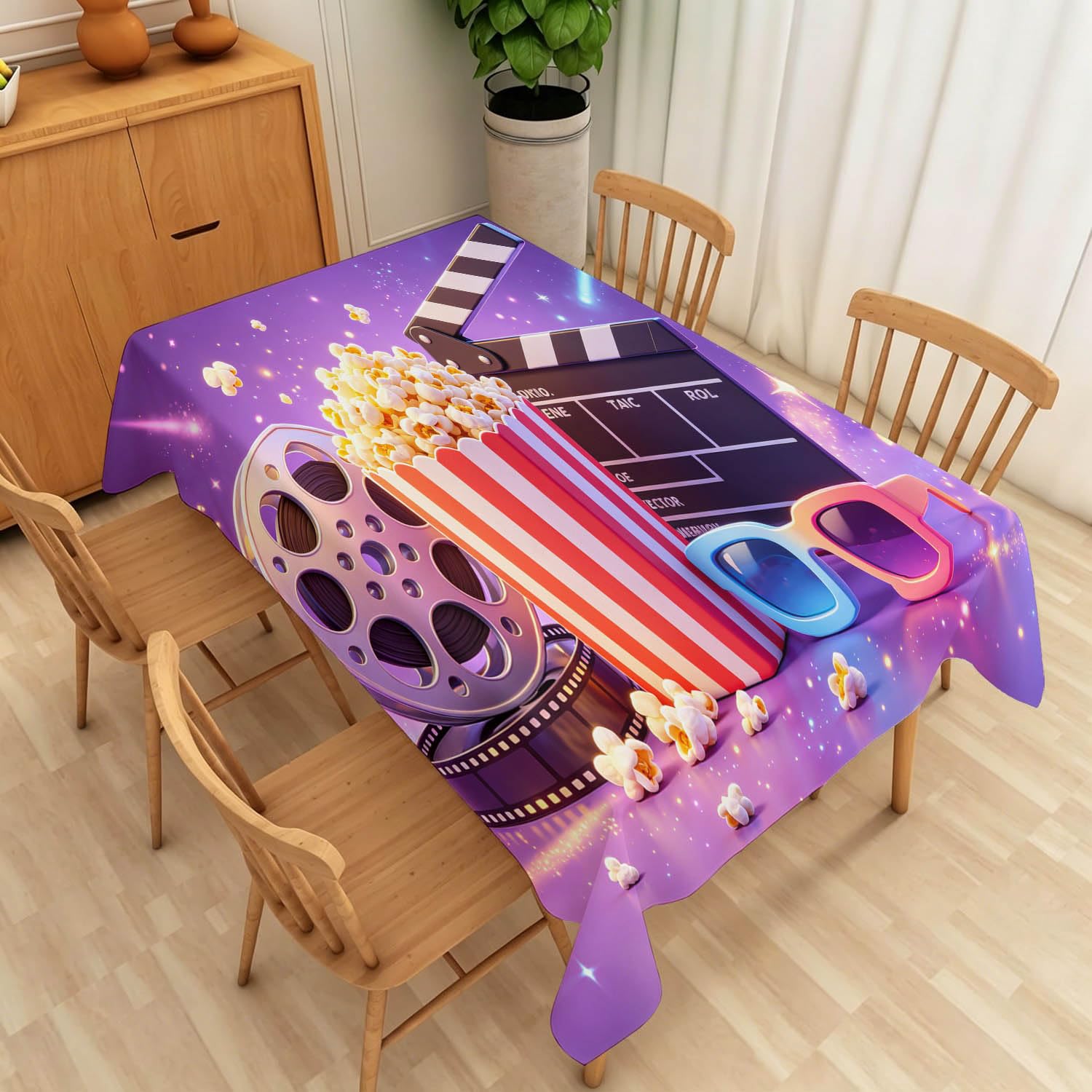 Nappe de Table Rectangulaire 150x300 cm, Motif Cinéma | Tissu Polyester Résistant 160g/m², Motif Matériel de Cinéma, Imperméable et Anti-Taches, pour Exterieur Jardin