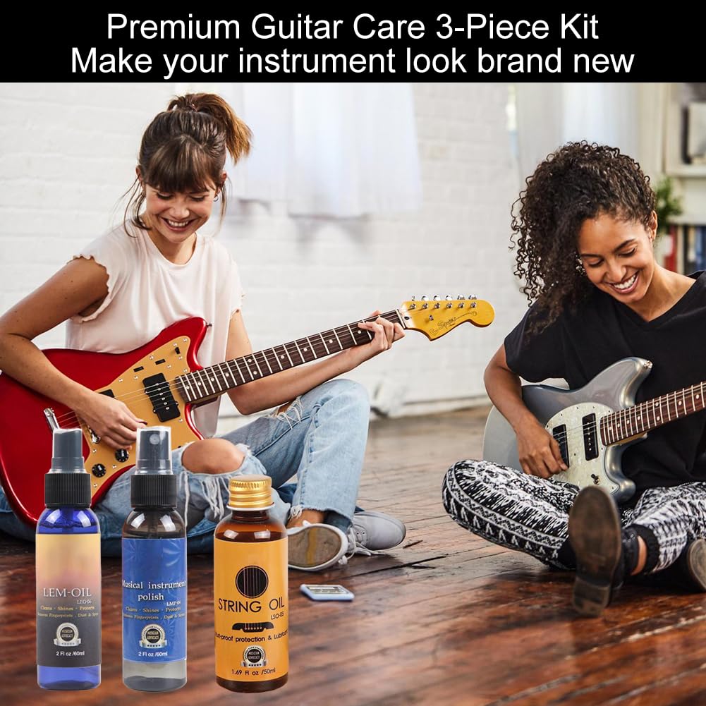 Czyszczenie gitary, Zestaw do czyszczenia gitary, Zestaw do pielęgnacji gitary, Guitar Cleaning Set, z politurą do gitary, olejem cytrynowym do podstrunnicy, olejem do czyszczenia strun, ściereczką do