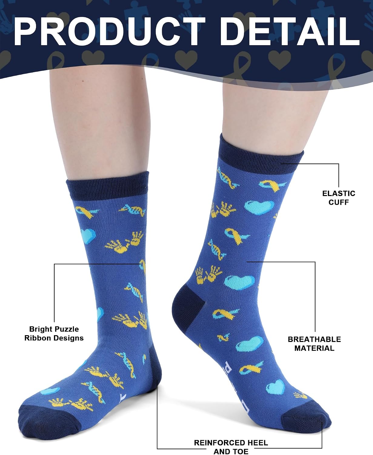 36 Pairs Down Syndrome Awareness Socks Bulk Down Syndrome Awareness Month Crew Socks for Men Women Blue Yellow Ribbon Supplies Gifts for School Publicity Charity Campaigns Events
