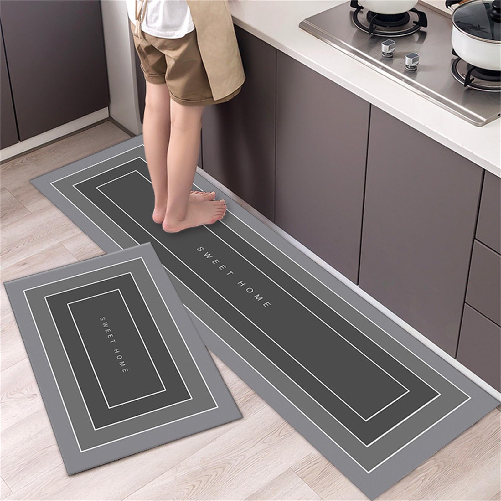 Highdi Kitchen Rug, Luxurious Geometry Water Absorbent Kitchen Mat, Non Slip Washable Anti-Fatigue Standing Mat, Quick Drying Diatom Mud Long Carpet for Entryway, Hallway, Sink (Gray 1,60x90cm)